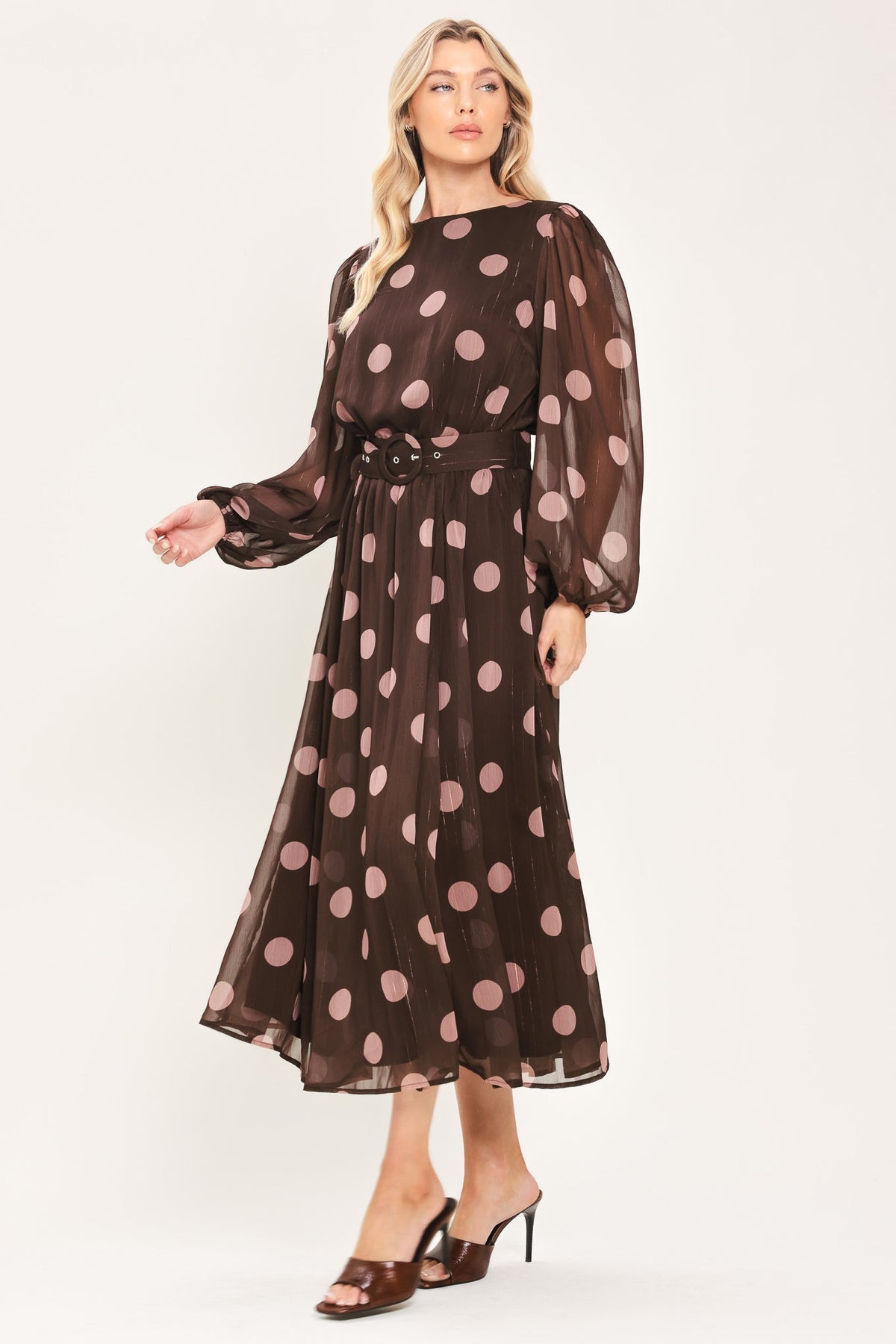 MAUVE MOCHA BROWN/MAUVE STATEMENT MIDI DRESS
