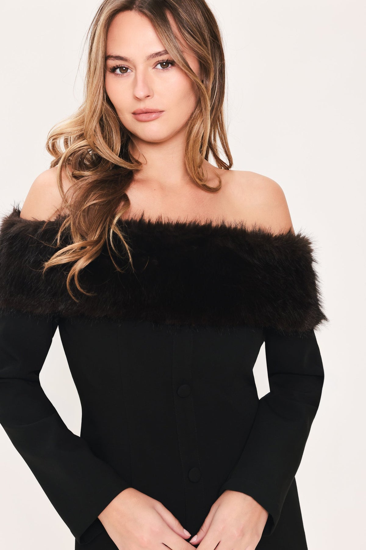NOIR FROST BLACK FAUX-FUR OFF-SHOULDER MINI DRESS