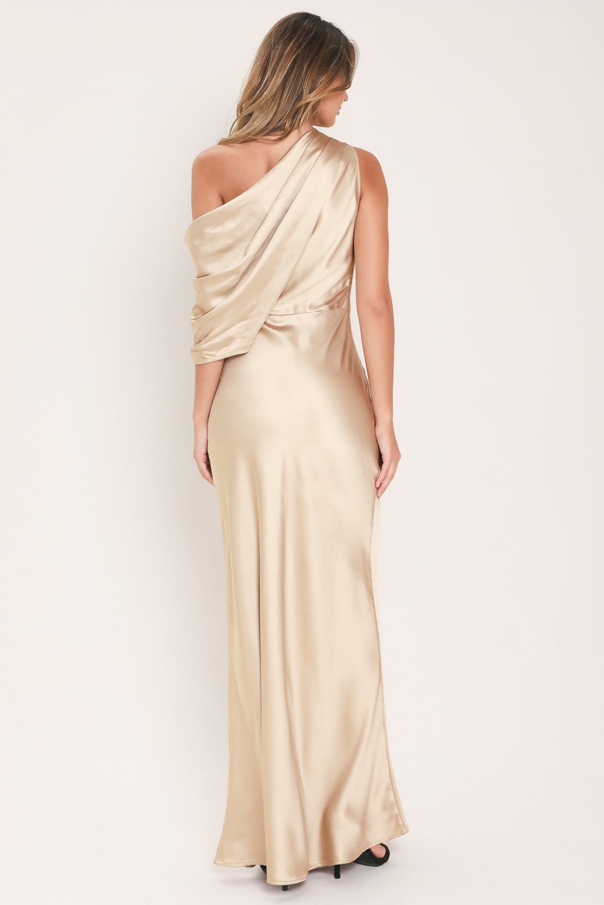 GILDED DRAPE SATIN ONE-SHOULDER MAXI DRESS