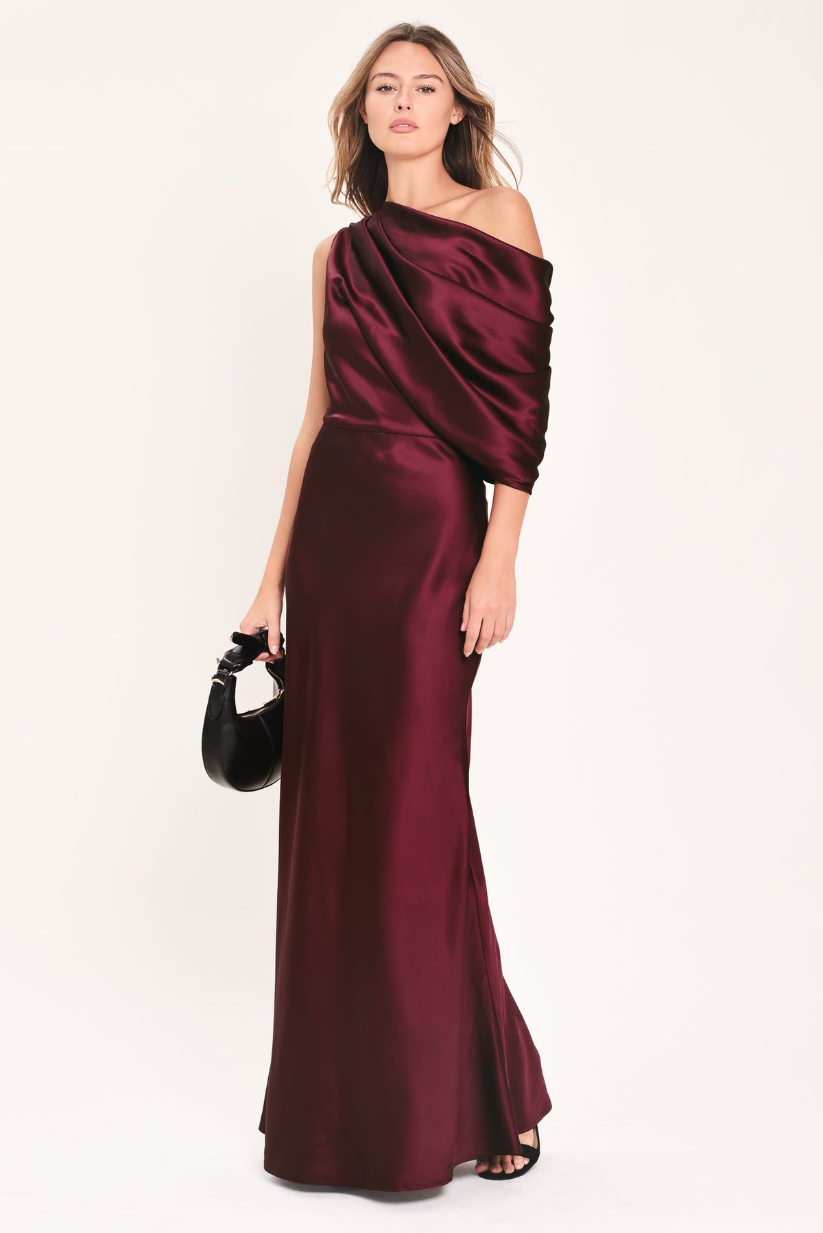 GILDED DRAPE SATIN ONE-SHOULDER MAXI DRESS