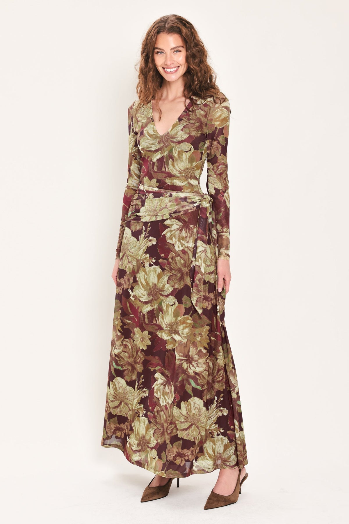 MAROON MUSE DARK MAROON PRINTED SCARF-SASH MESH MAXI DRESS
