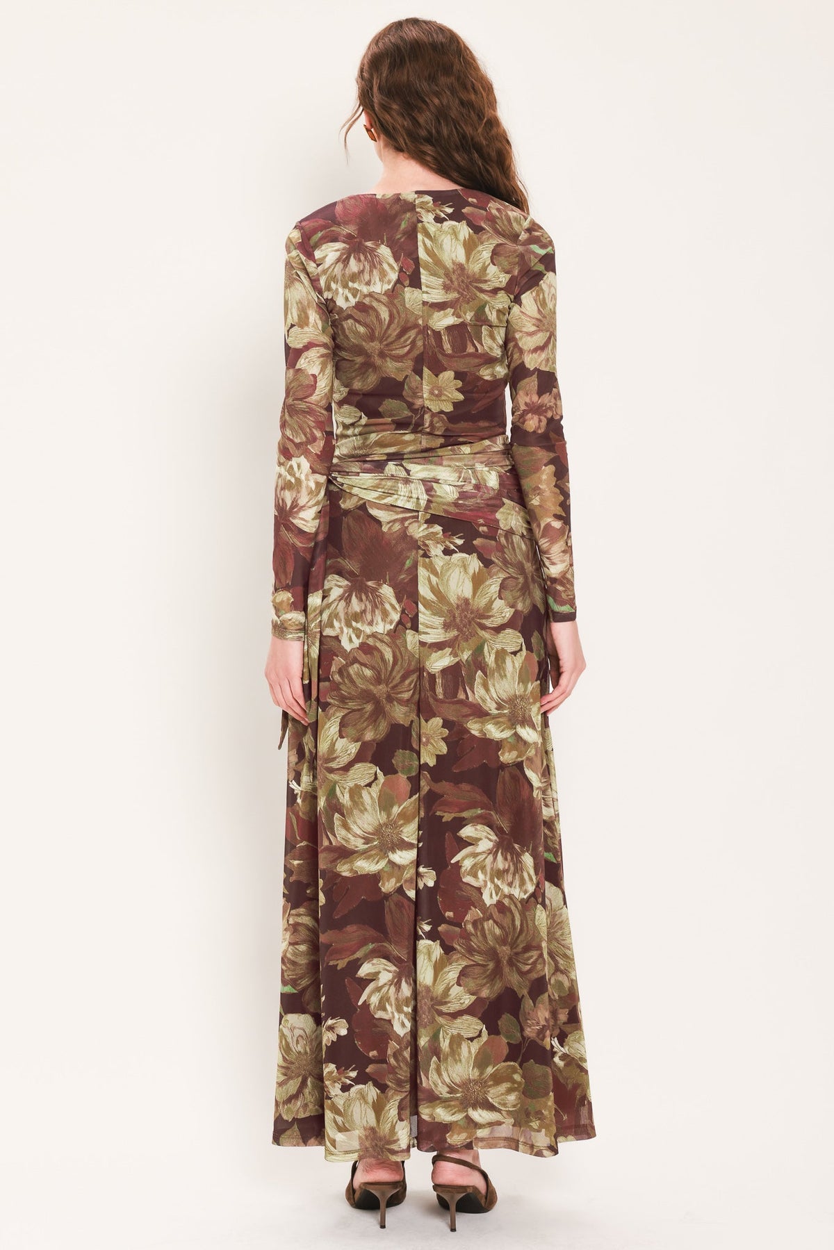 MAROON MUSE DARK MAROON PRINTED SCARF-SASH MESH MAXI DRESS
