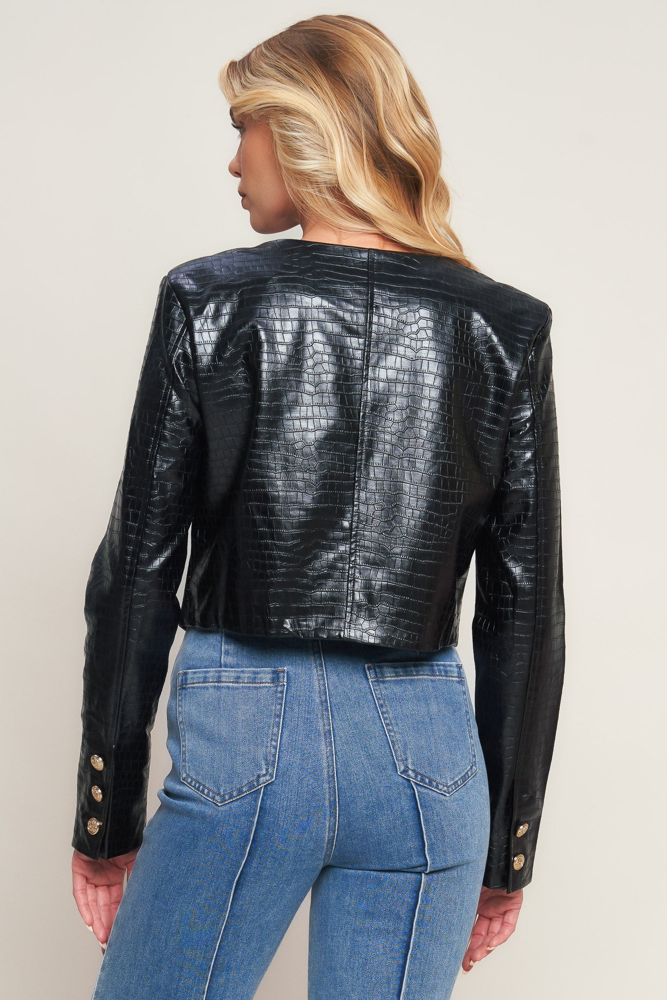 AT THE START FAUX LEATHER BOLERO JACKET