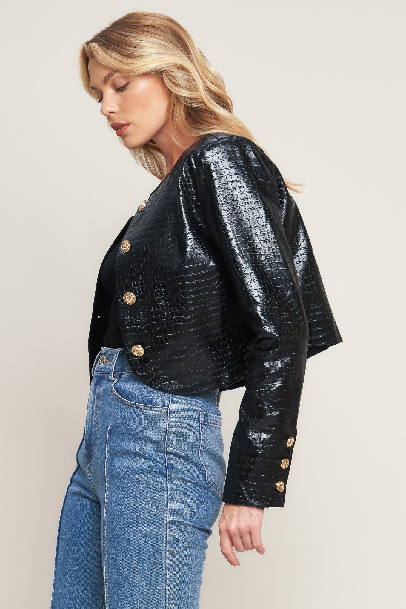 AT THE START FAUX LEATHER BOLERO JACKET