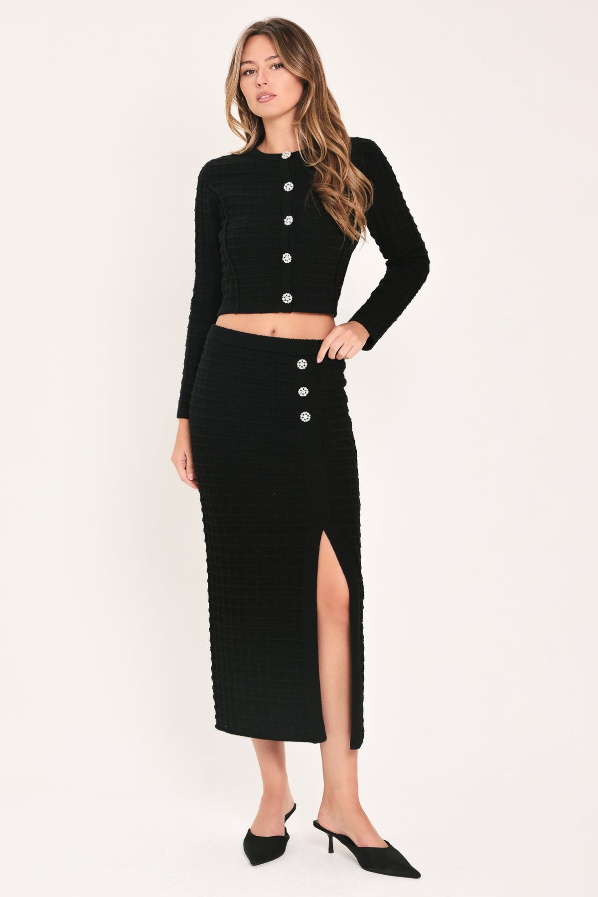 POLISHED MOMENT BLACK JEWEL-BUTTON CROPPED SWEATER TOP