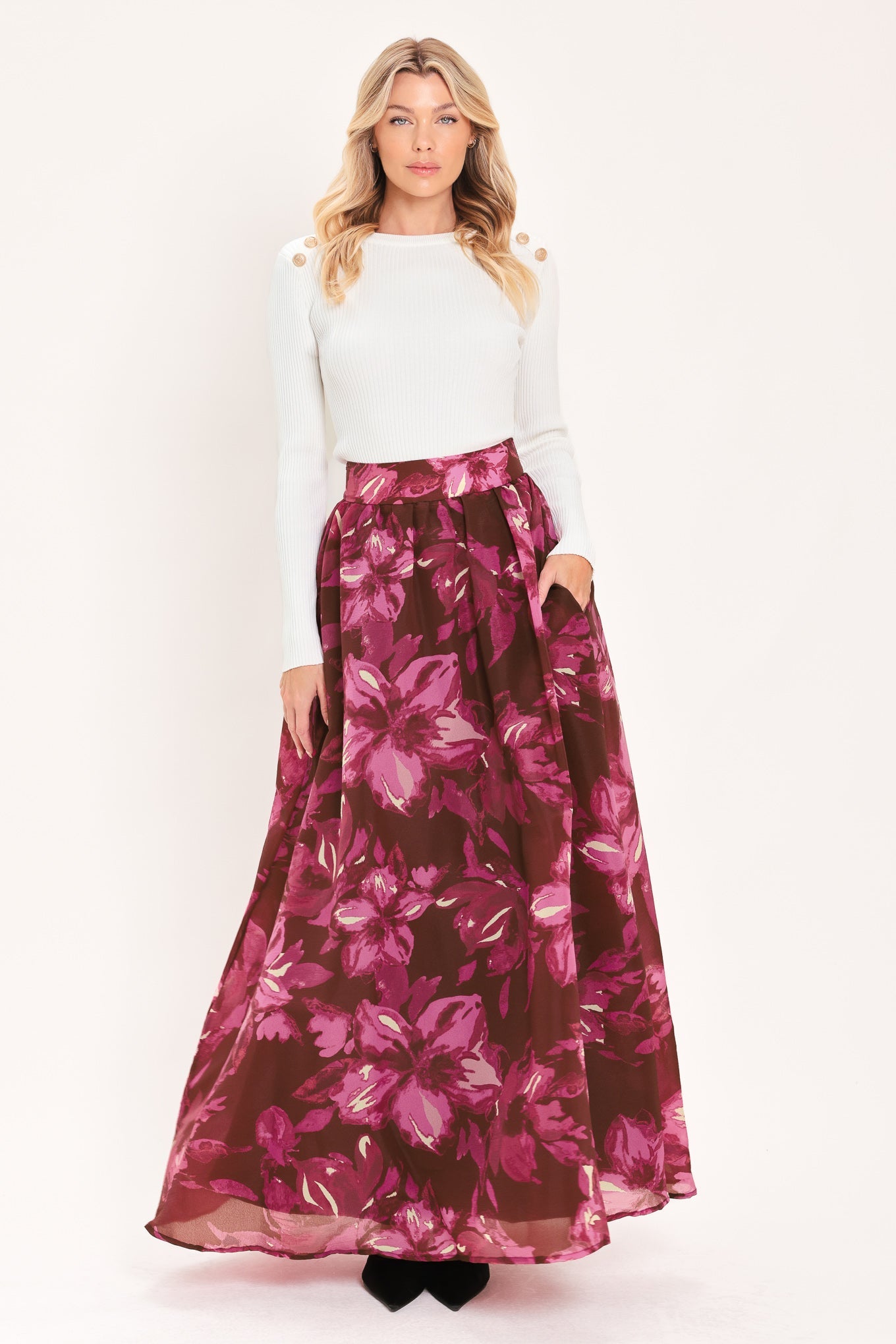 MAGENTA BLOOM CASCADE WOVEN MAXI FULL SKIRT
