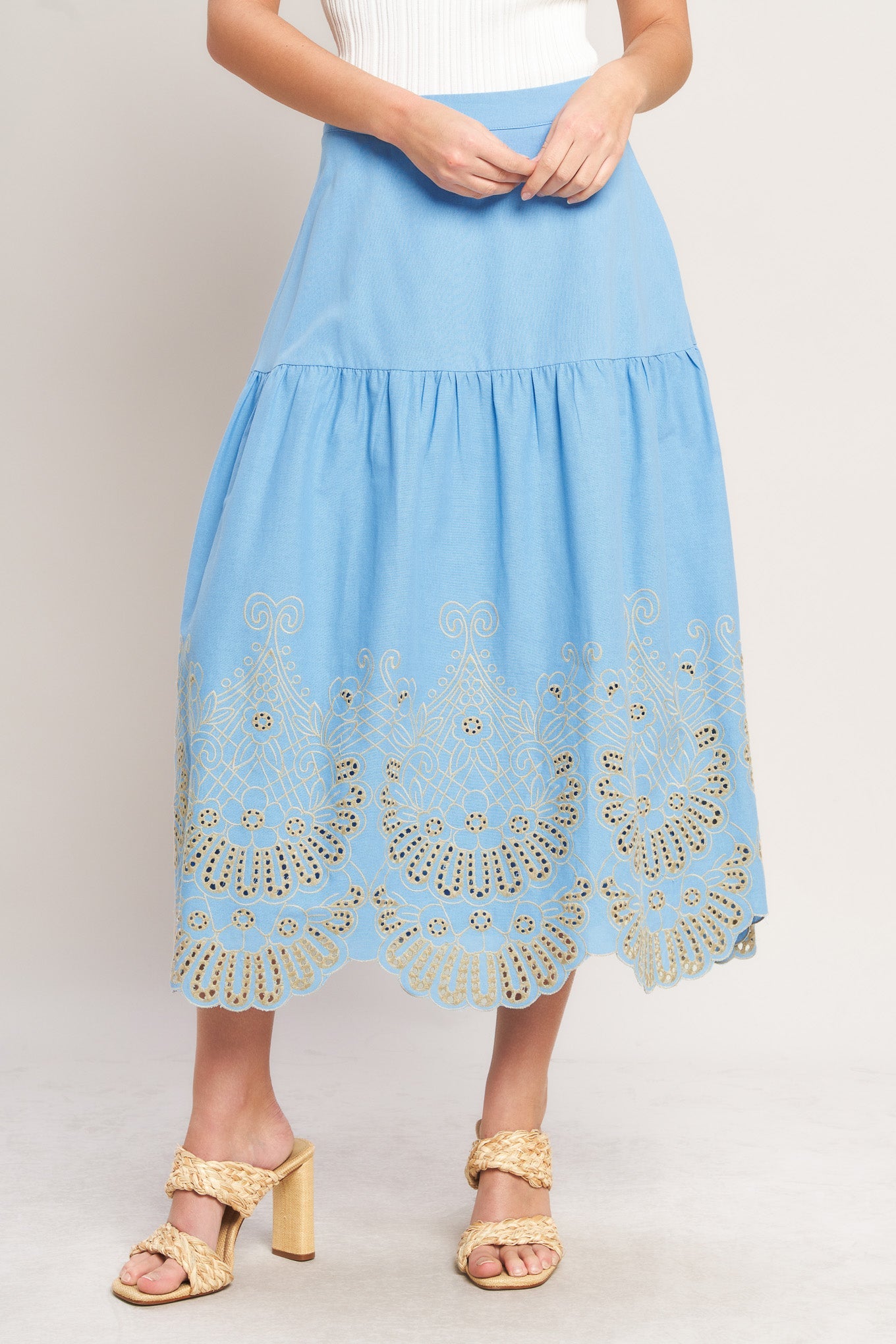 SKY BLOOM WOVEN EYELET MIDI SKIRT