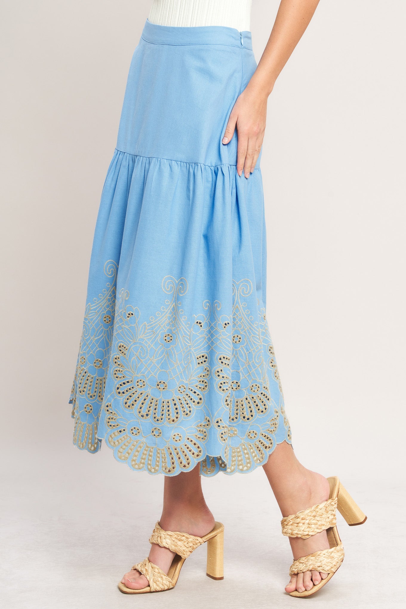 SKY BLOOM WOVEN EYELET MIDI SKIRT