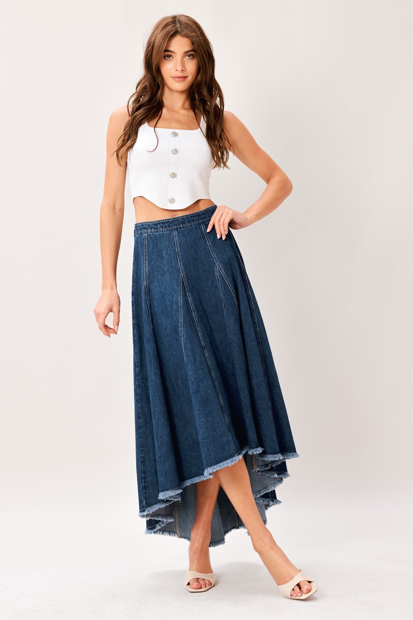 CITY SWING DENIM HI-LO MIDI CIRCLE SKIRT