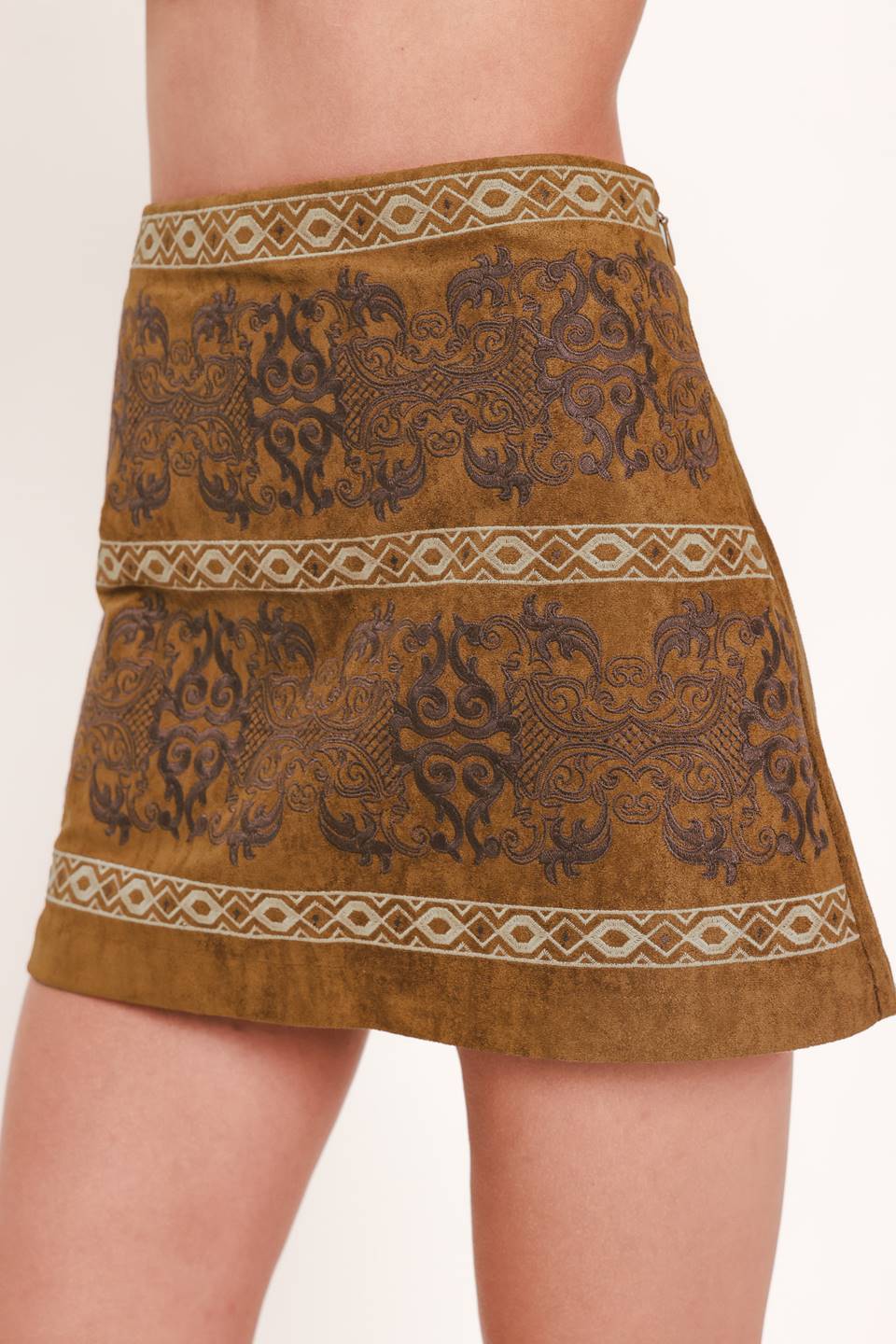 BRONZED TAPESTRY WHIM FAUX SUEDE SKIRT