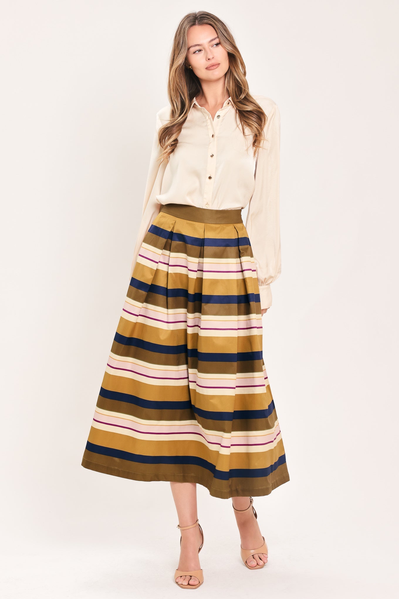 SAFFRON STRIPE WHISPER WOVEN FULL MIDI SKIRT