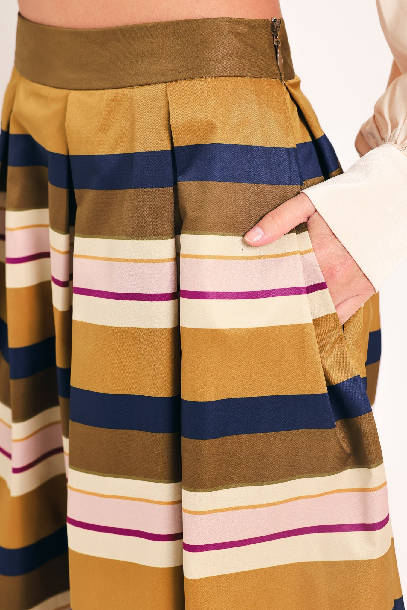 SAFFRON STRIPE WHISPER WOVEN FULL MIDI SKIRT