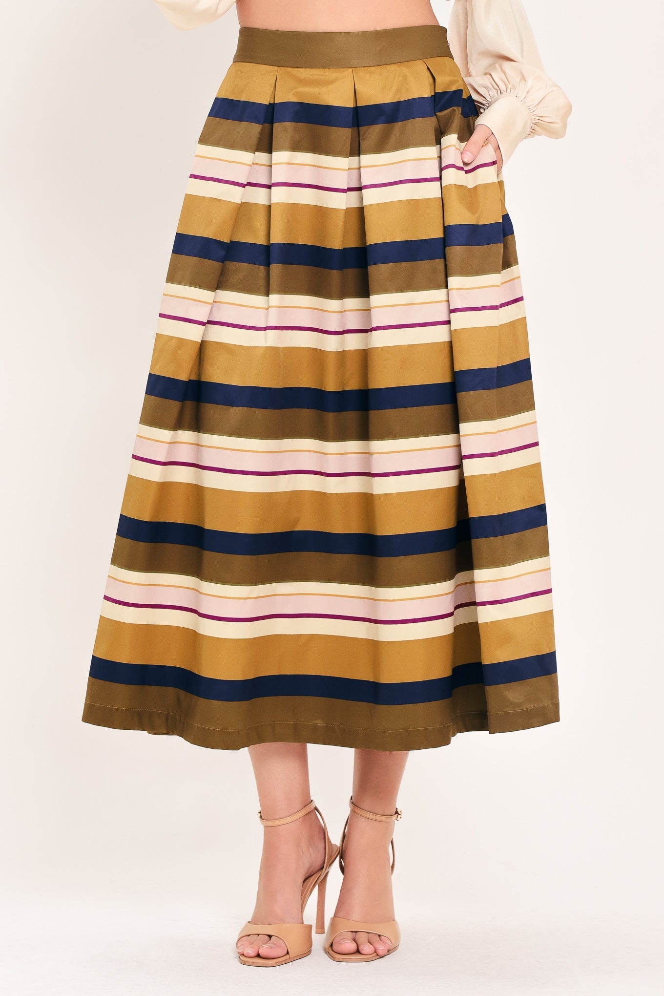 SAFFRON STRIPE WHISPER WOVEN FULL MIDI SKIRT