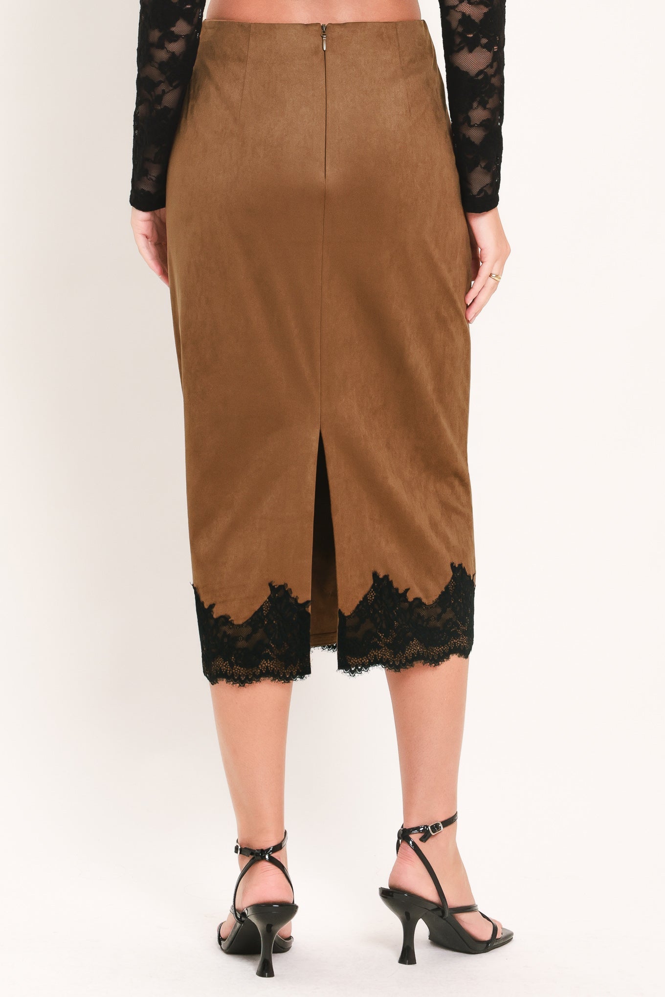 UMBER LACE AFTERGLOW FAUX SUEDE STRAIGHT SKIRT