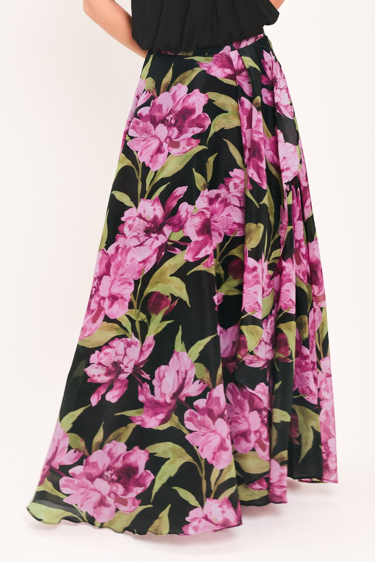 NOIR GARDEN BLACK PRINTED FULL-CIRCLE MAXI SKIRT