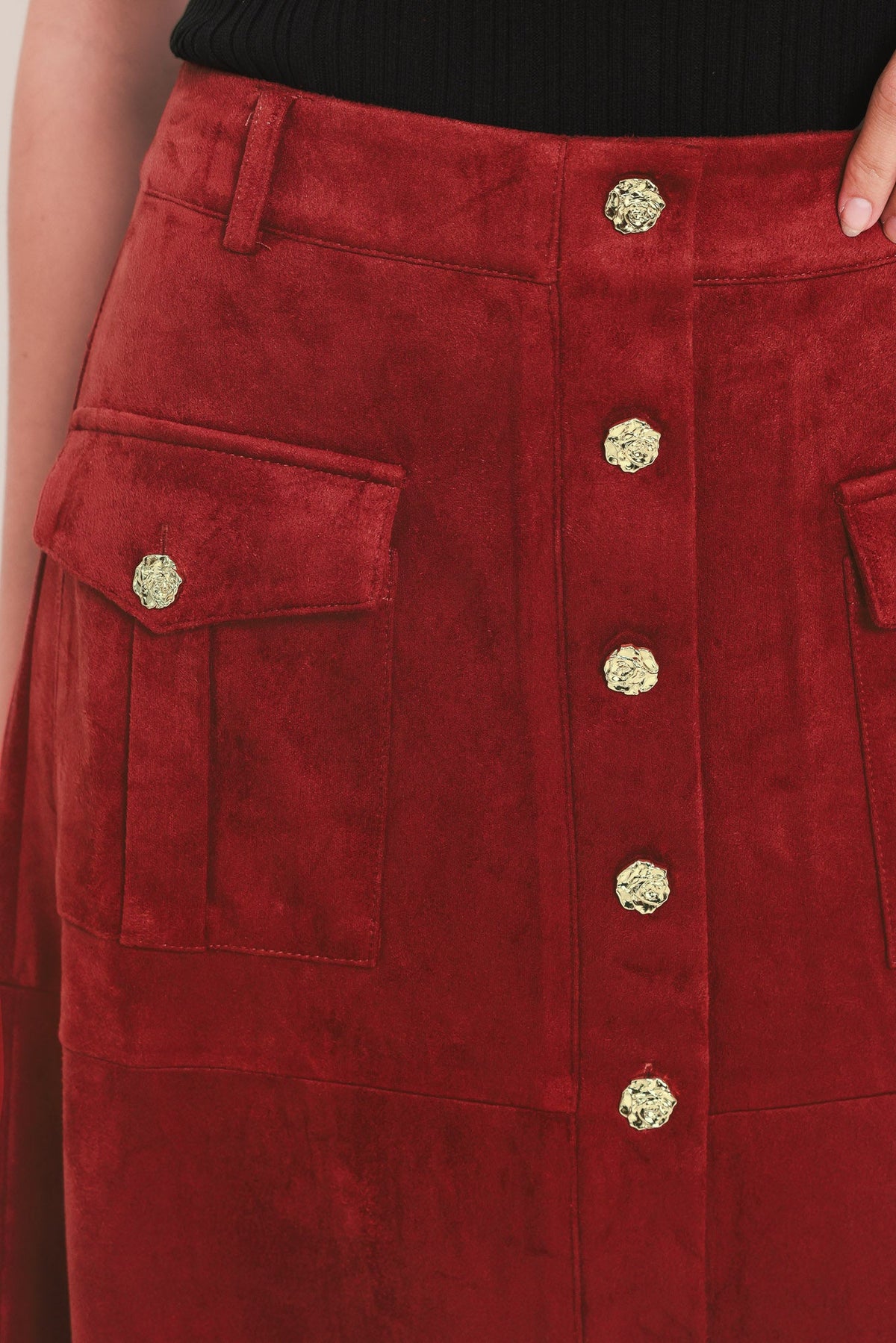 RUSTIC ROMANCE BRICK FAUX SUEDE BUTTON-FRONT MIDI SKIRT
