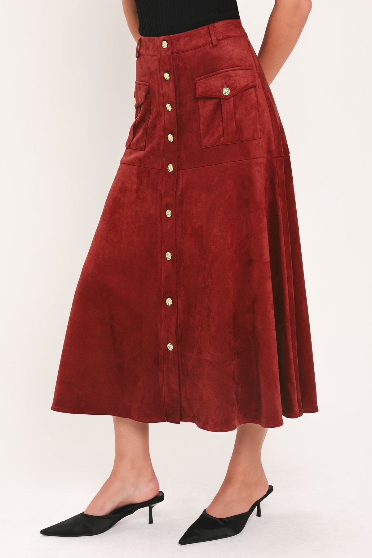 RUSTIC ROMANCE BRICK FAUX SUEDE BUTTON-FRONT MIDI SKIRT