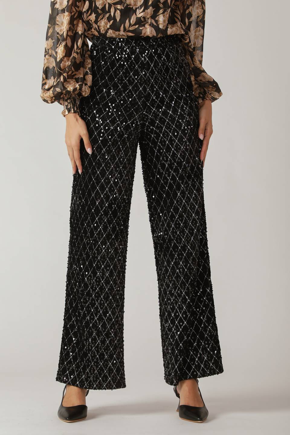 MIDNIGHT DISCO BLACK SEQUIN WIDE-LEG PANTS