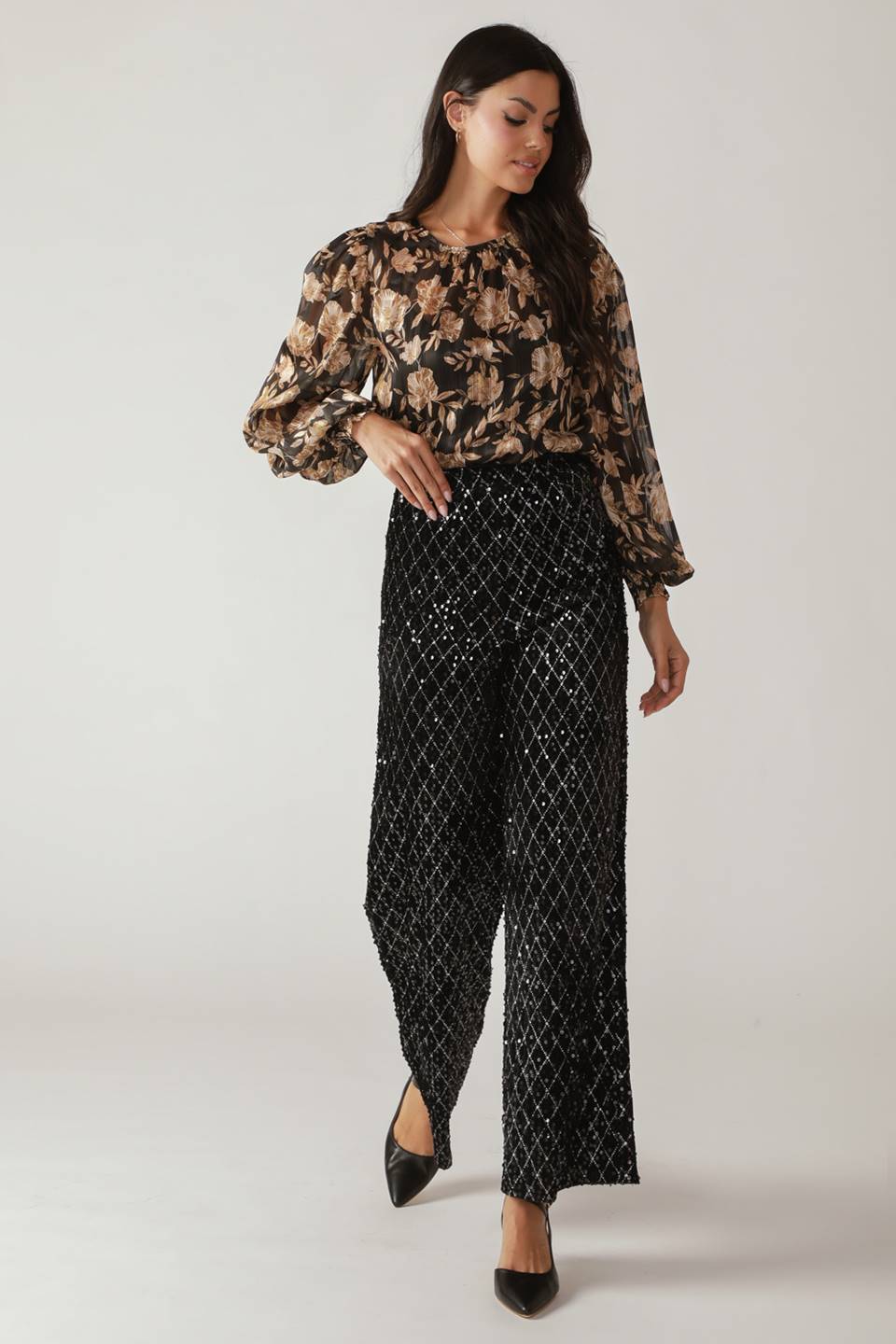 MIDNIGHT DISCO BLACK SEQUIN WIDE-LEG PANTS