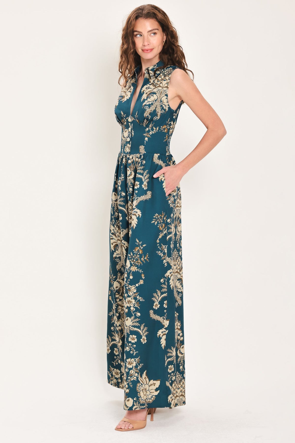 TEAL TAKEOVER PRINTED COLLARED WIDE-LEG JUMPSUIT