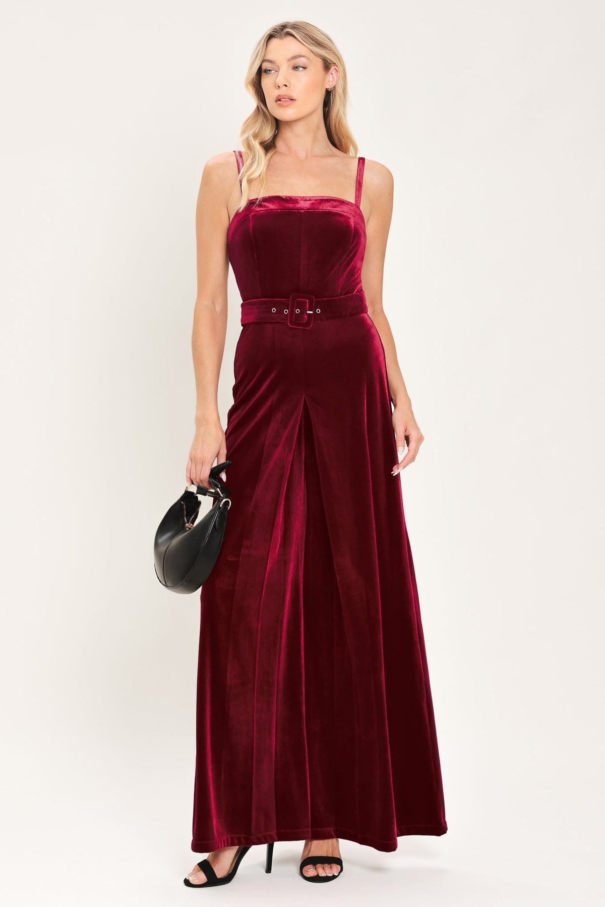 WINE AFTER DARK VELVET BELTED WIDE-LEG JUMPSUIT