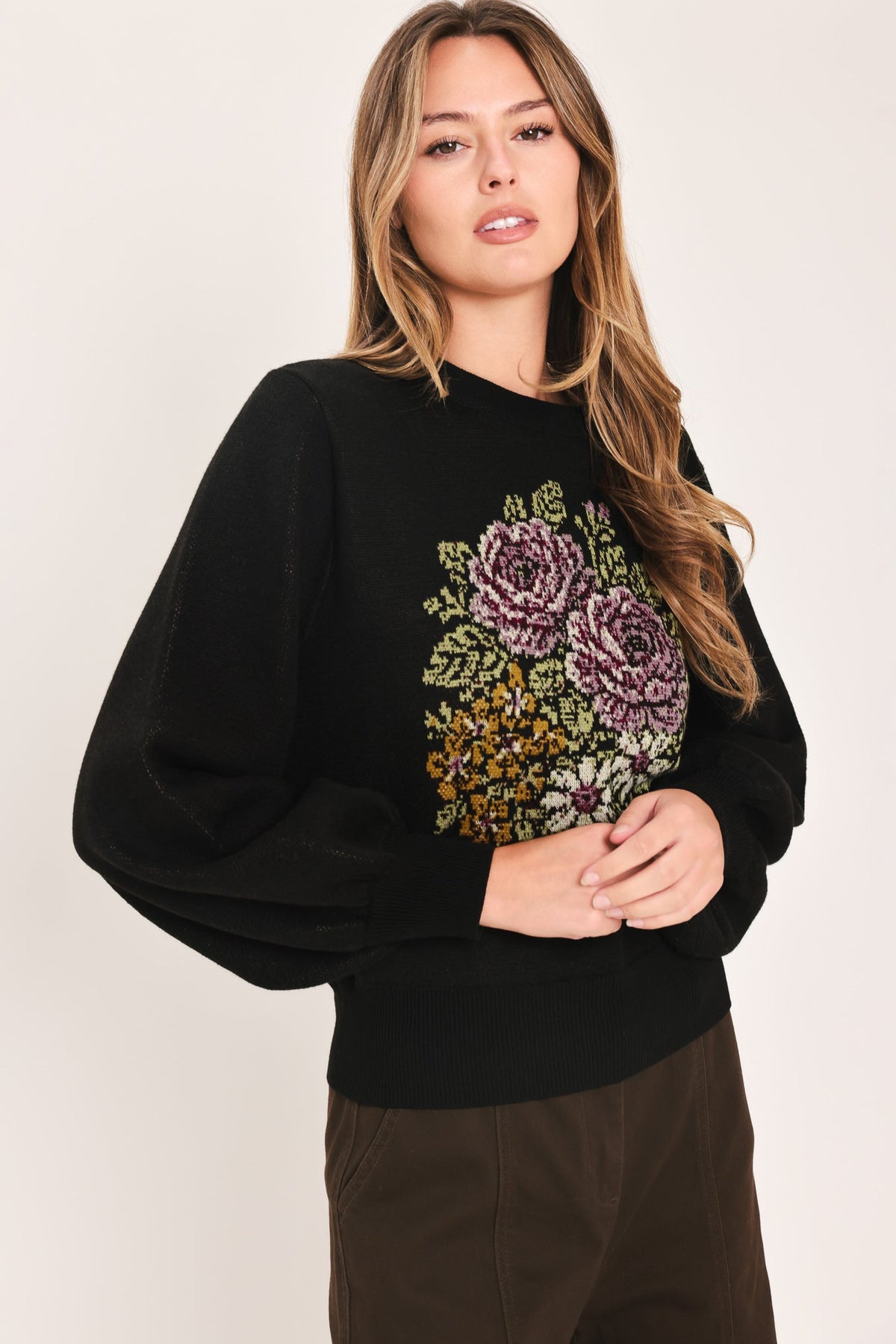 COZY ALL DAY BLACK BALLOON-SLEEVE SWEATER