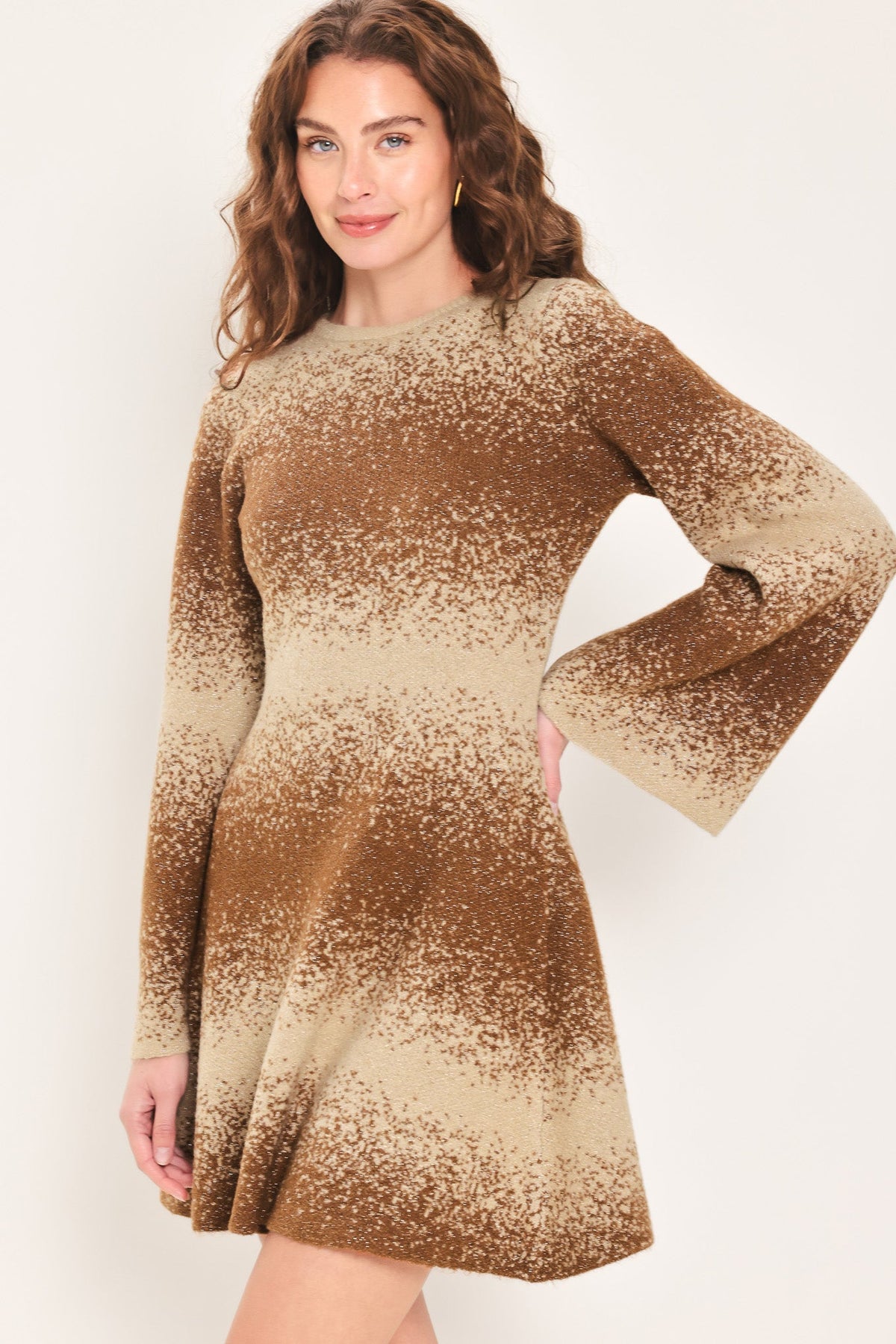 AUTUMN SHIMMER BROWN MULTI LUREX BELL-SLEEVE MINI DRESS