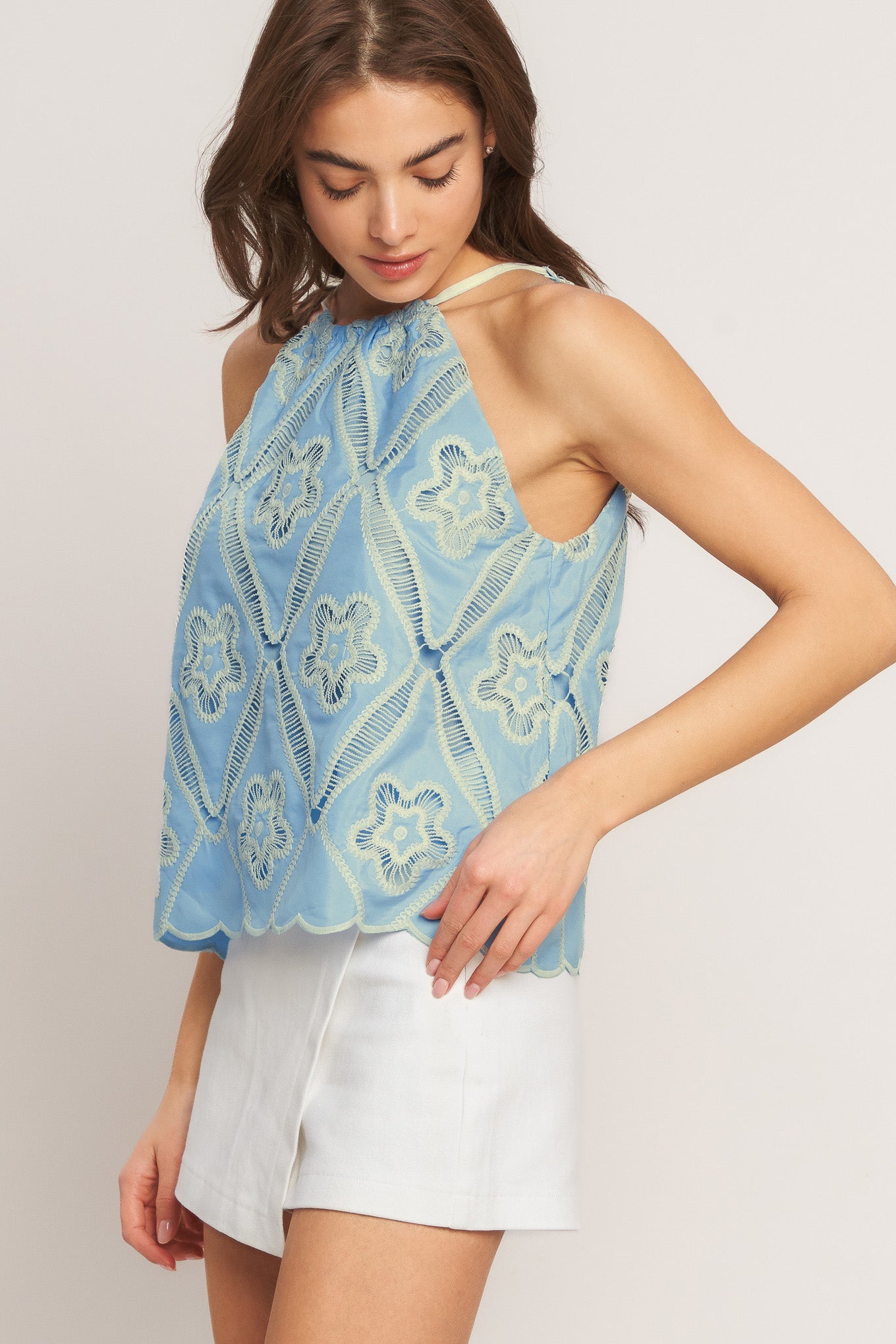 SKY LACE SUMMER HALTER WOVEN TOP