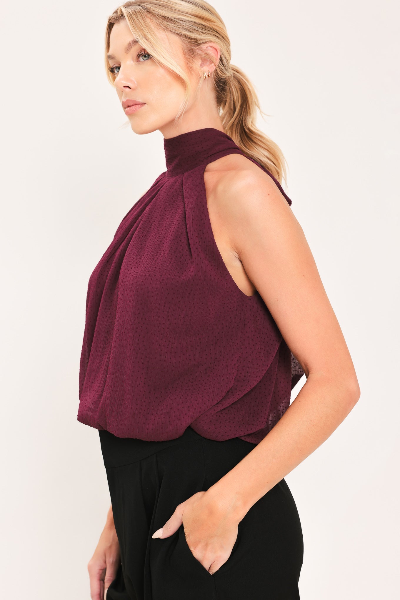 BORDEAUX SHEER DRAPE WOVEN HALTER TOP