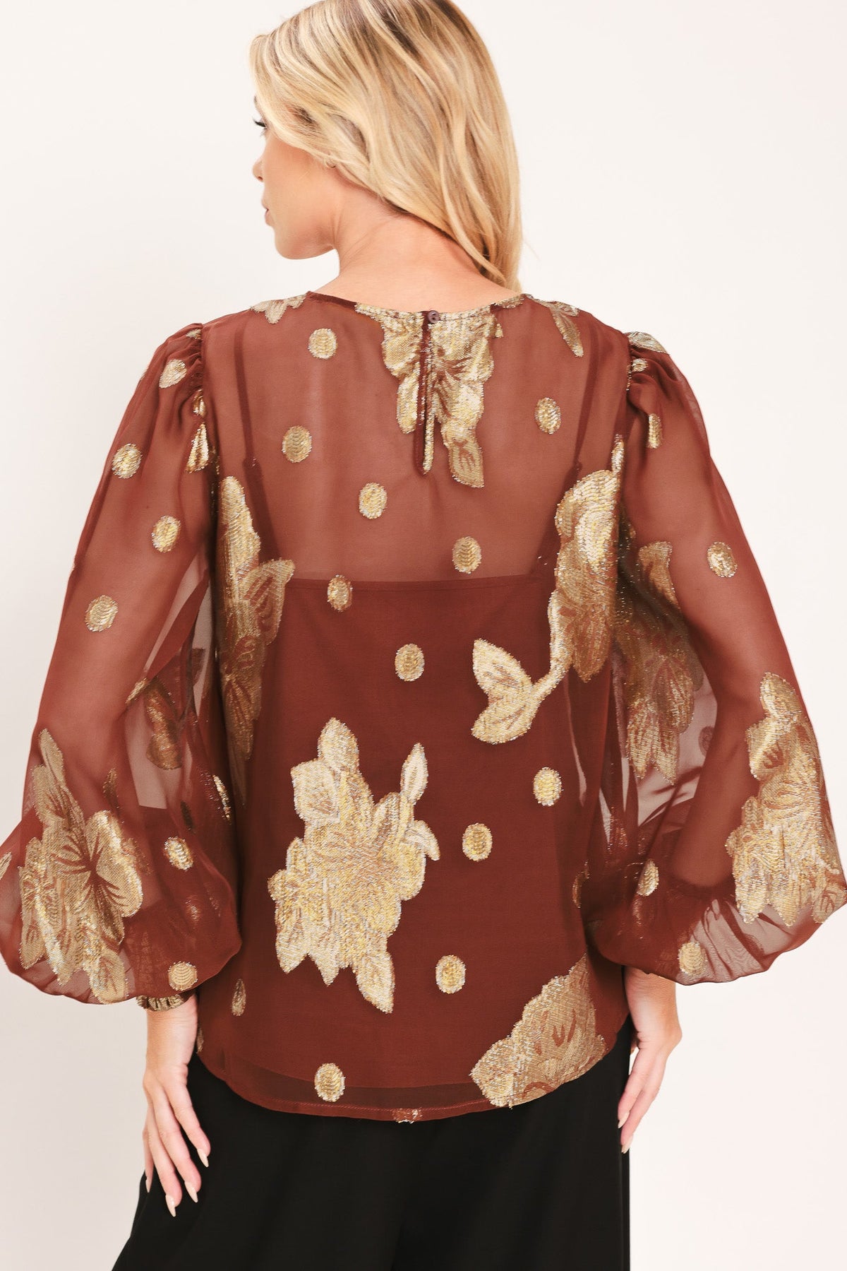 MAHOGANY PETAL SPARK WOVEN TOP
