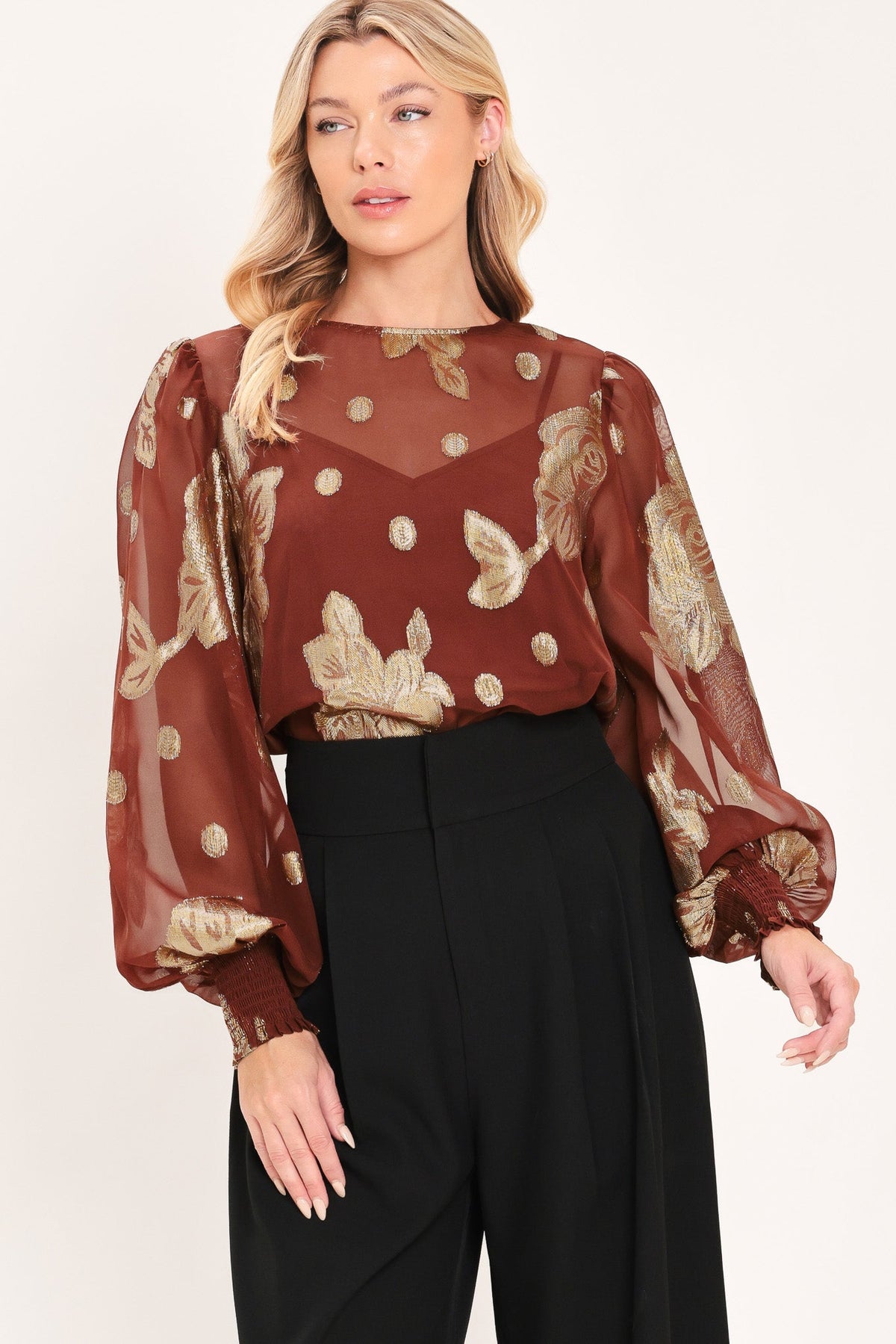 MAHOGANY PETAL SPARK WOVEN TOP