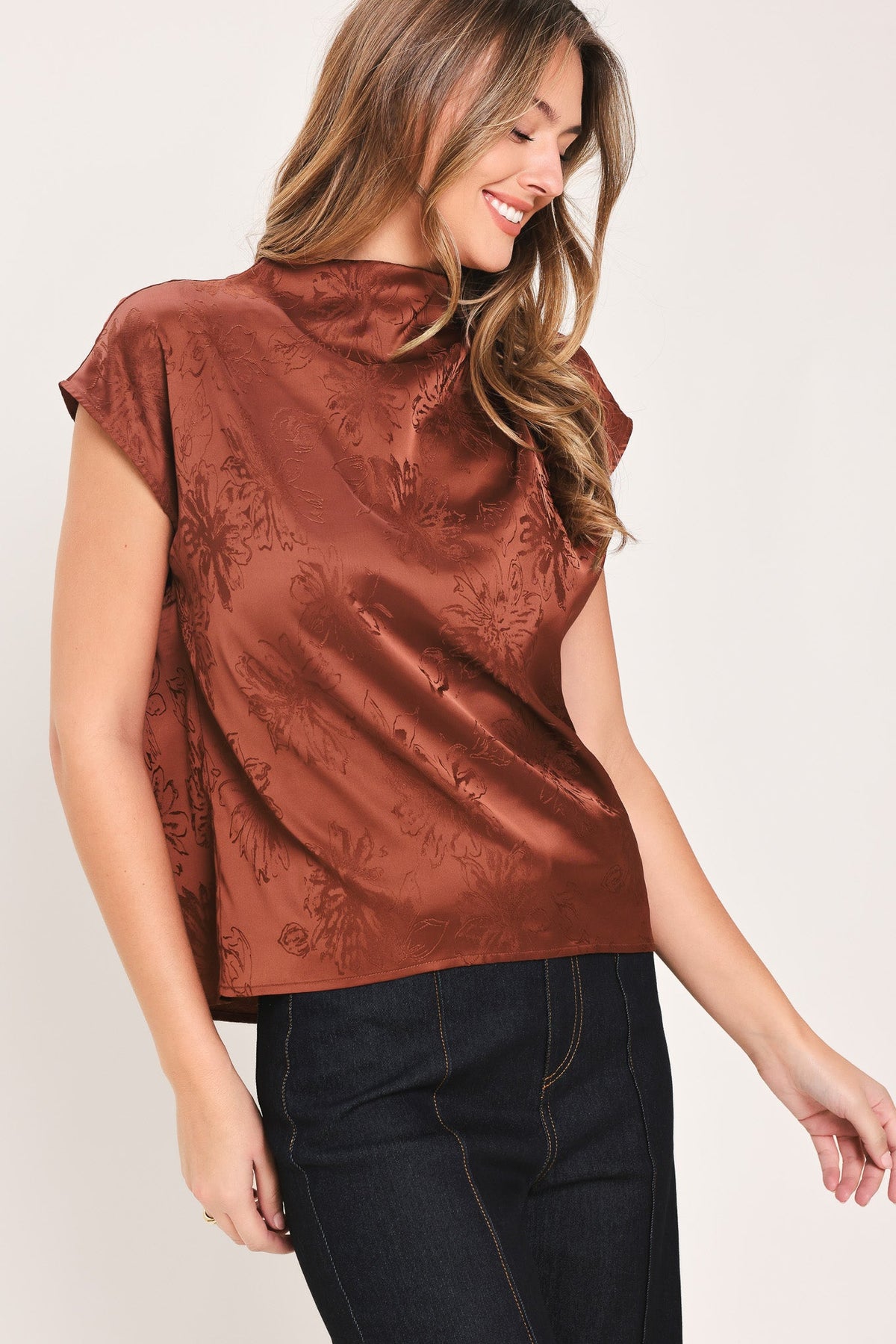 BURGUNDY DYNASTY JACQUARD SATIN FUNNEL-NECK TOP