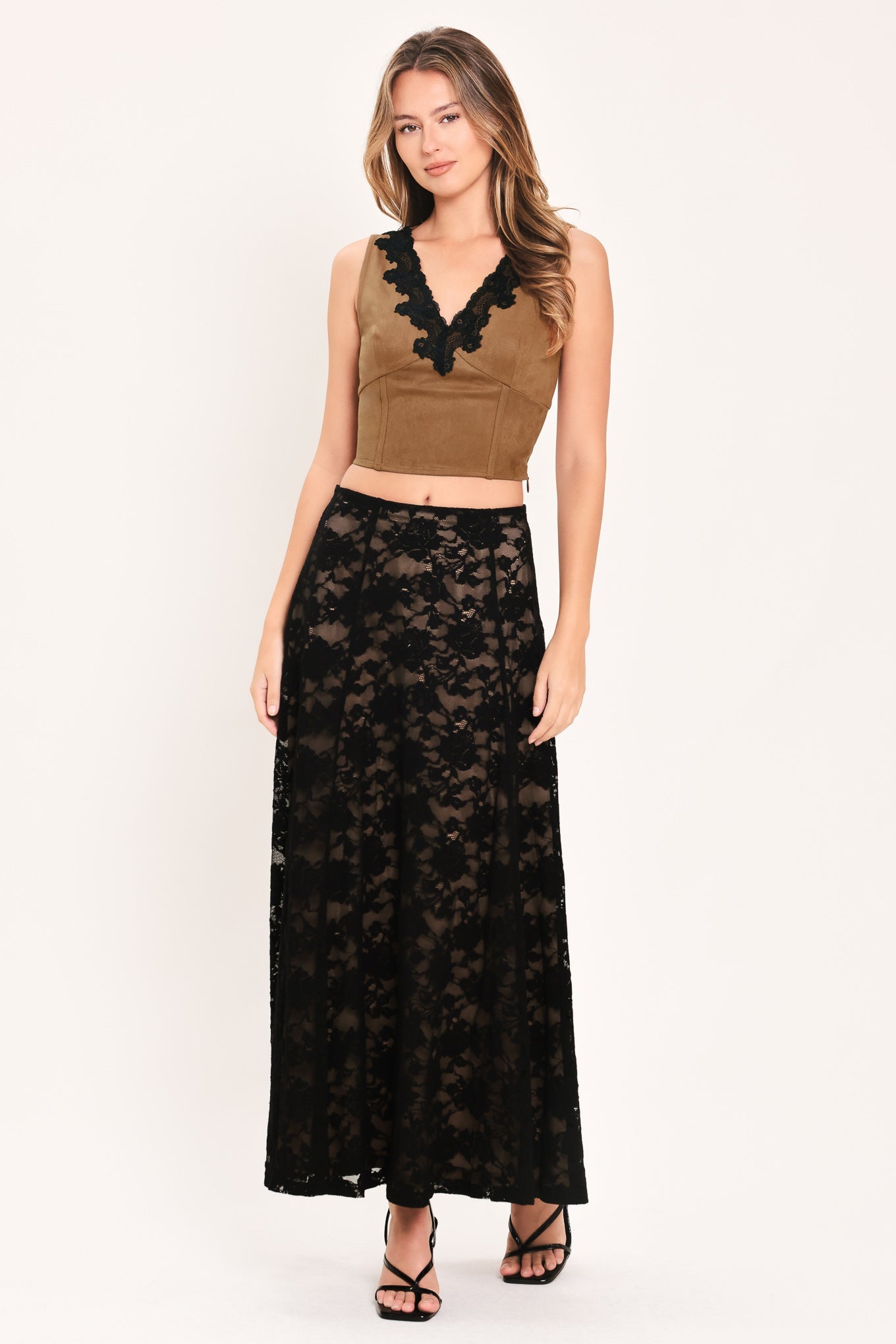UMBER LACE AFTERGLOW FAUX SUEDE CROP TOP