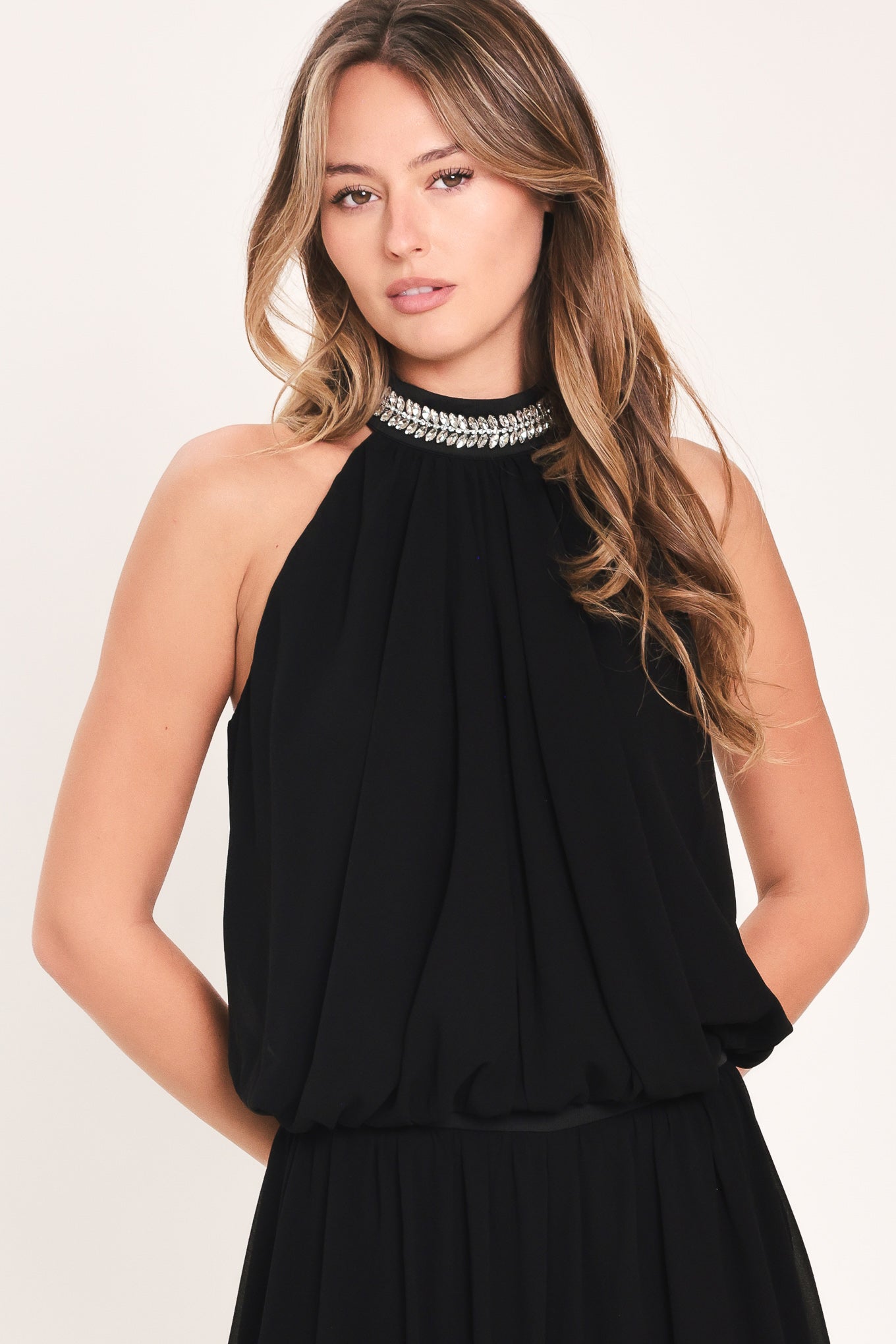 JEWEL HOUR BLACK EMBELLISHED HALTER & WIDE-LEG PANTS SET