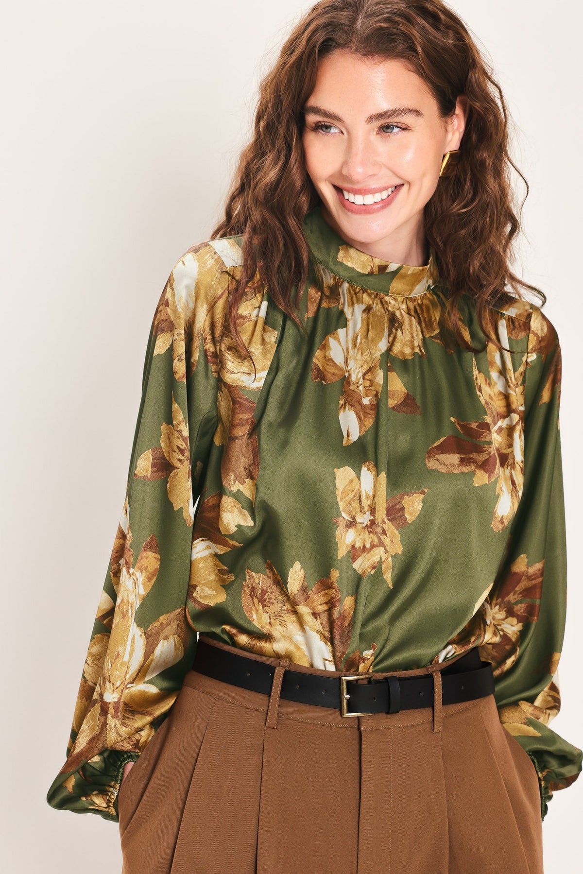 OLIVE ALLURE PRINTED HIGH-NECK BLOUSON-SLEEVE TOP