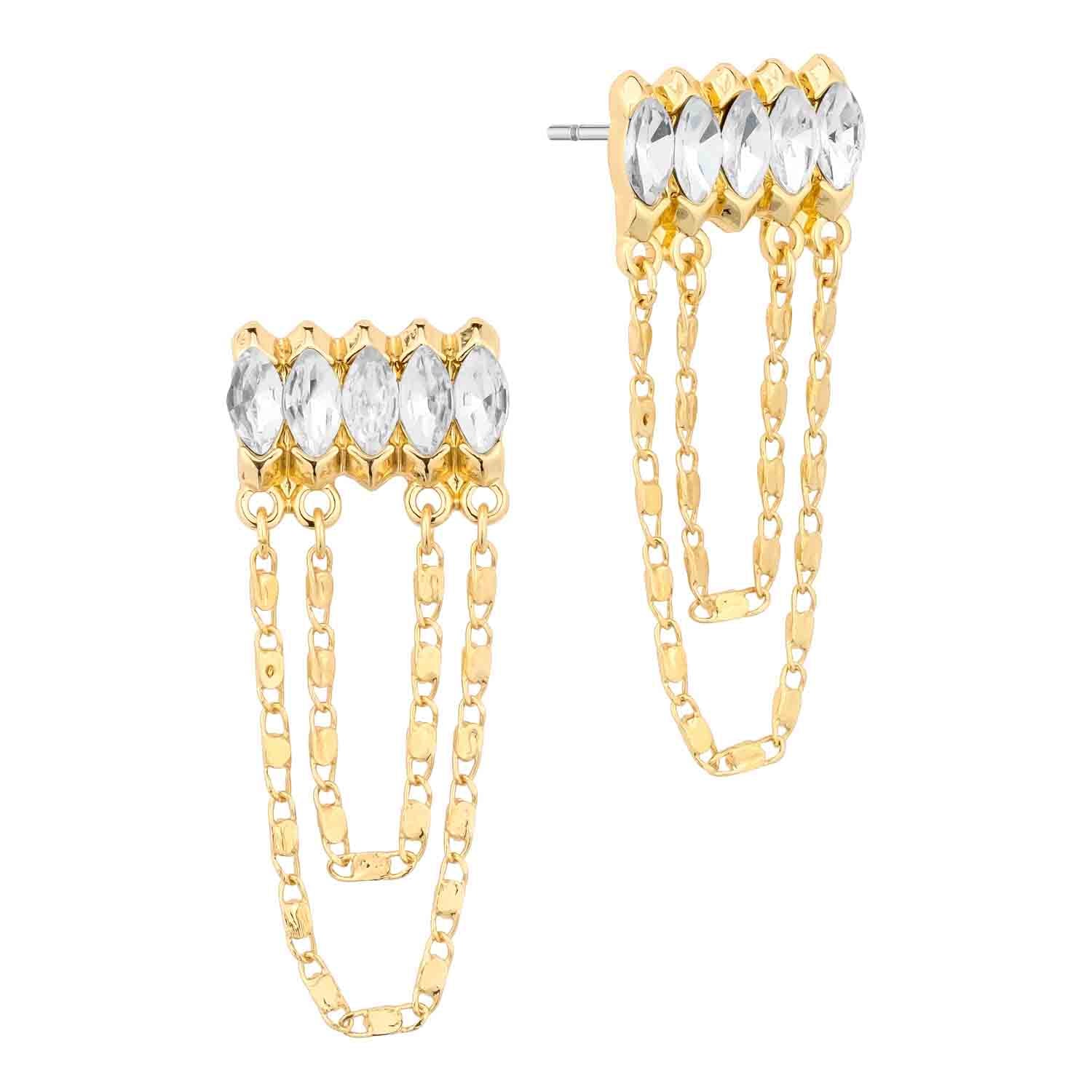 Marquise Rhinstone Bar with Drop Chain Post Back Earrings