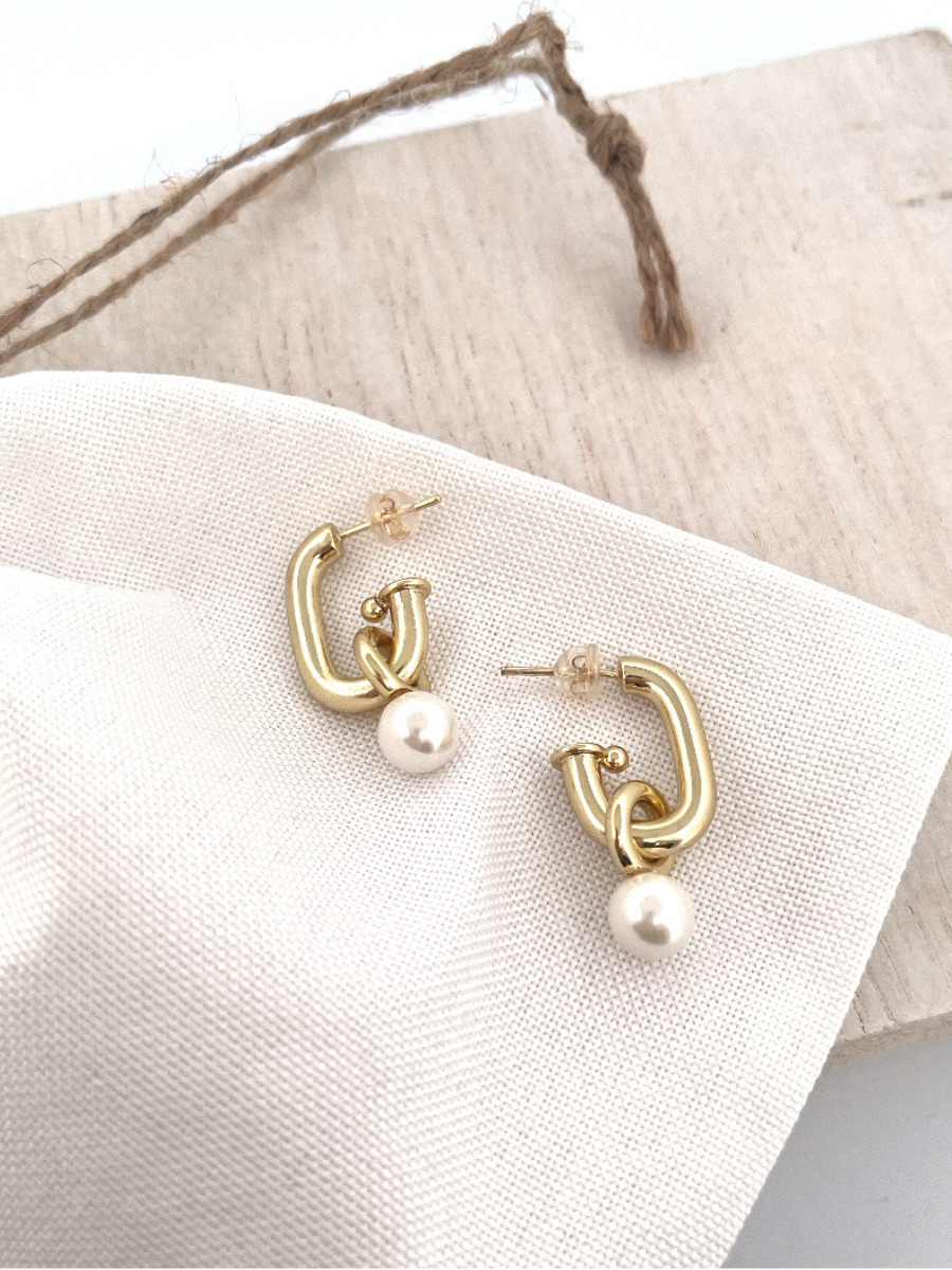 Lavish J Shaped Stud Pearl Dangle Charm Gold Filled Earrings