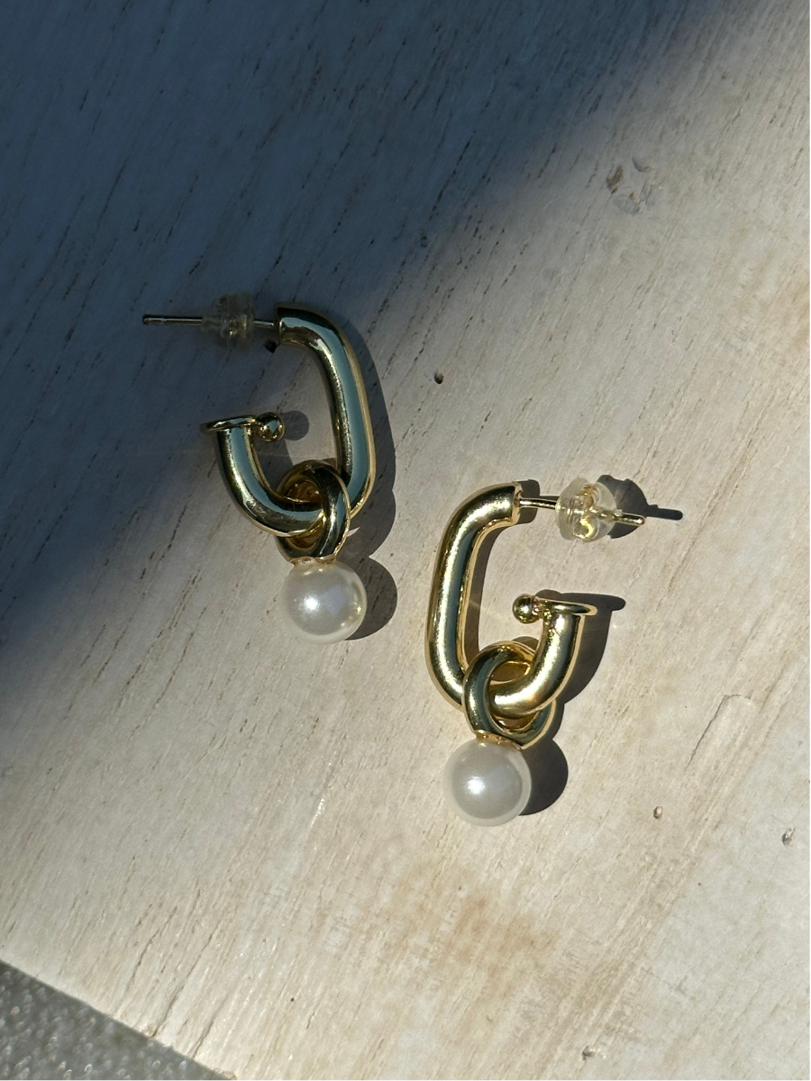 Lavish J Shaped Stud Pearl Dangle Charm Gold Filled Earrings