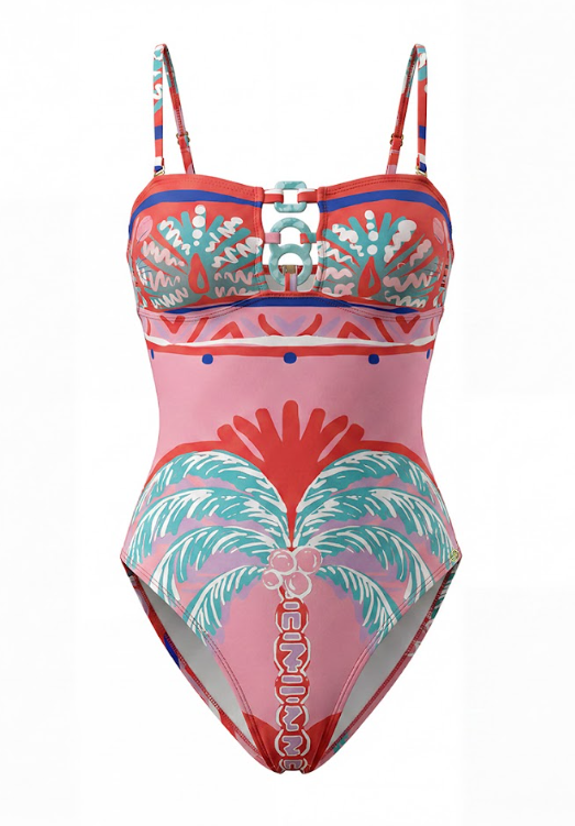 Trim Bandeau Swimsuit Pink Palm