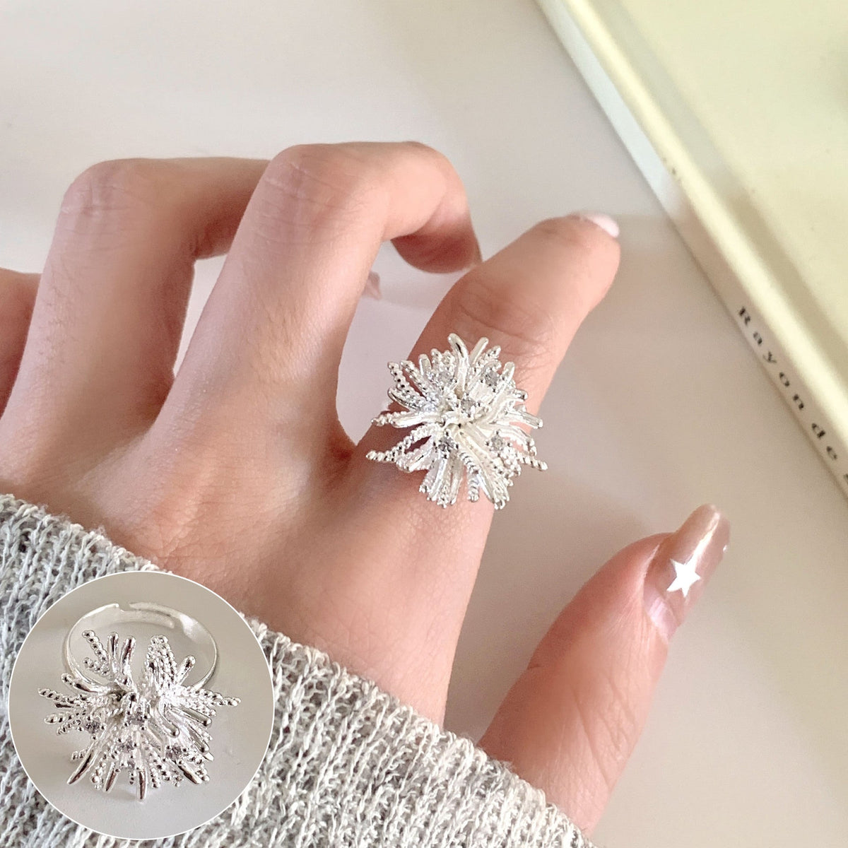 High Sense Star Open Ring For Women, INS Niche Brushed Texture Luxury Adjustable Index Finger Statement Ring