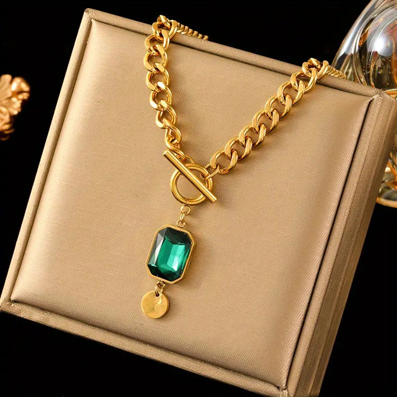 New Retro Fashion Exaggerated Chunky Chain Green Square Zircon Pendant Choker Necklace For Women, Short Clavicle Neck Jewelry
