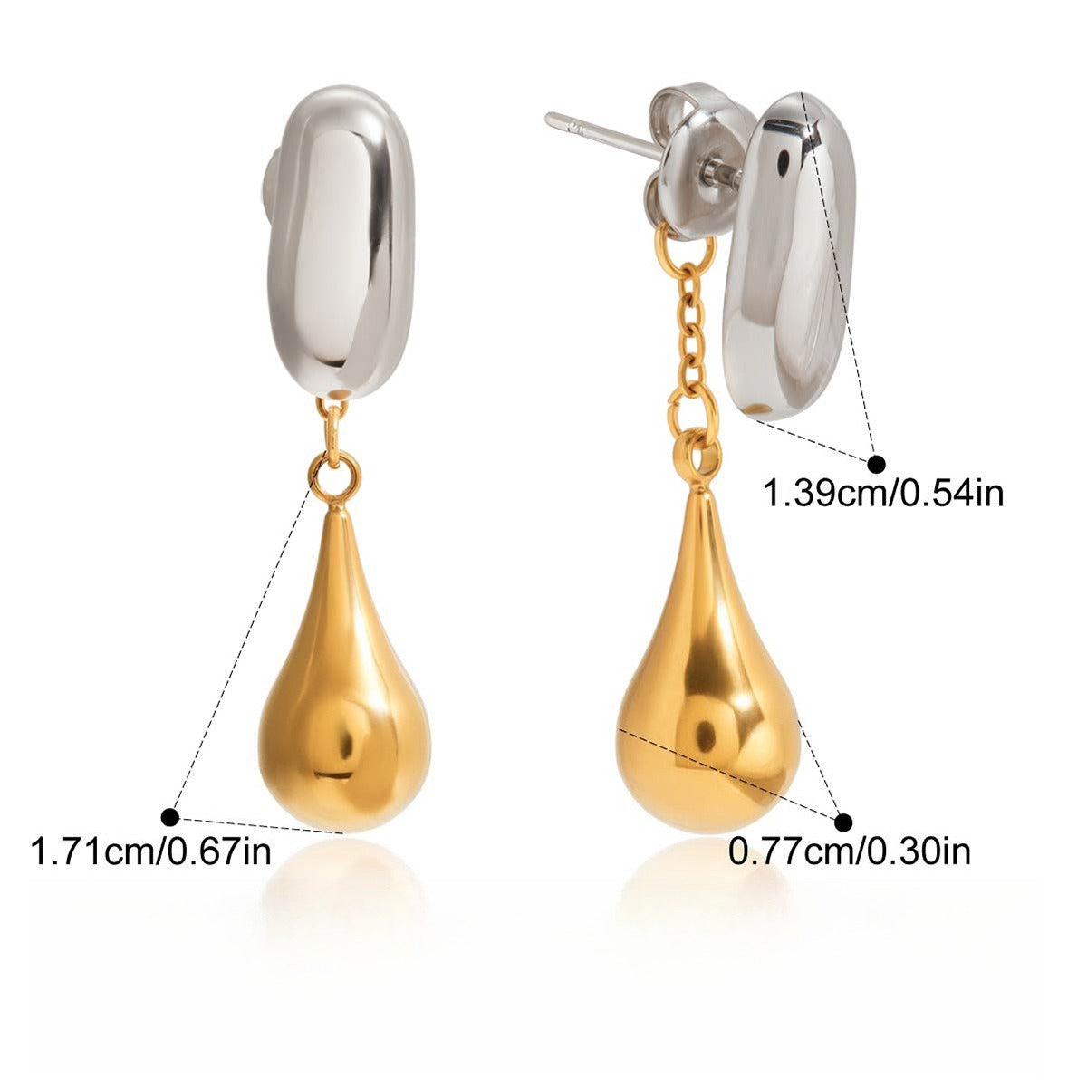 18K gold and S925 silver two-tone teardrop front and back stud earrings