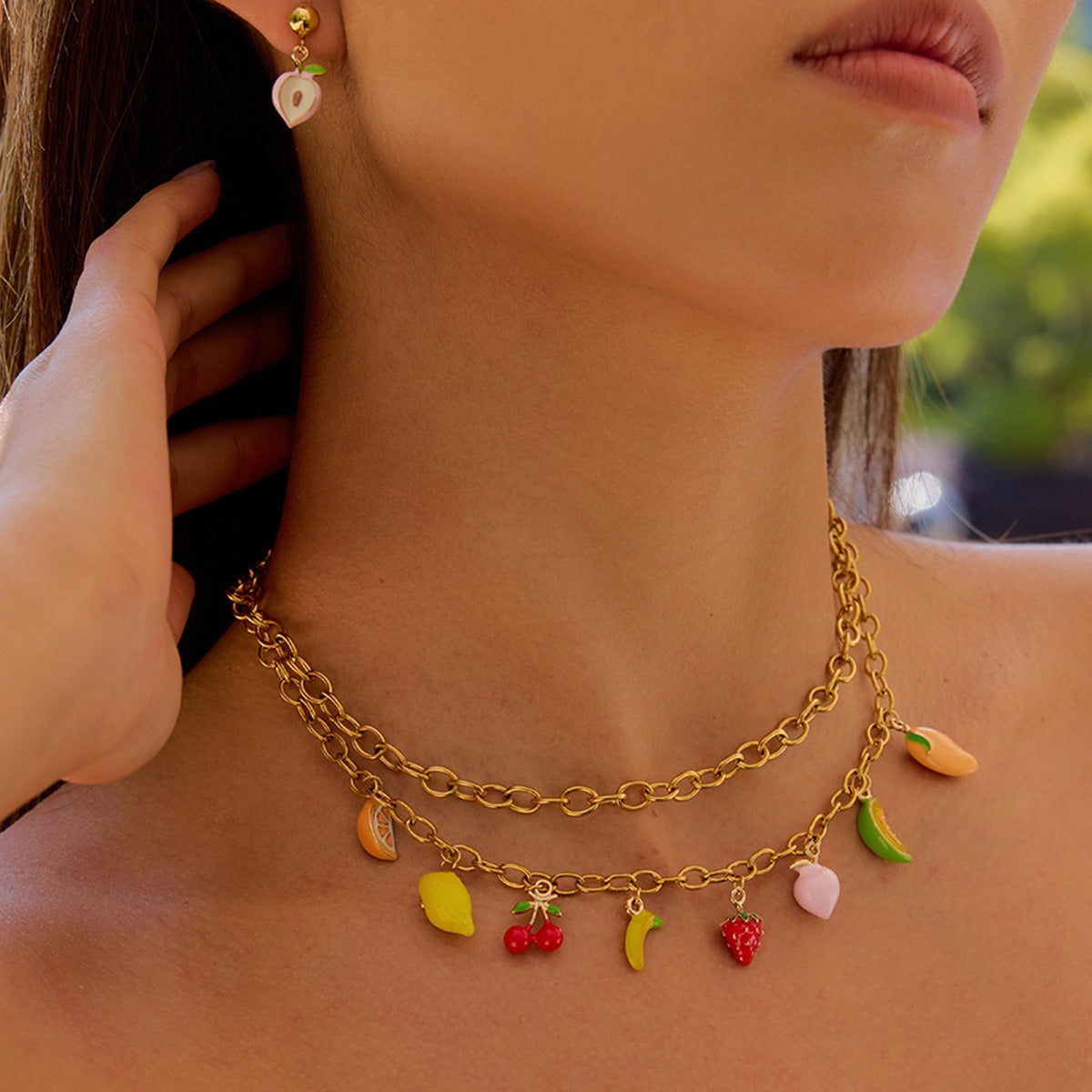 18K gold thick chain with fruit-shaped pendant design trendy and unique necklace, bracelet and earrings set