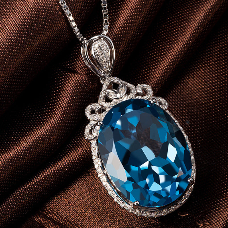Jinjiahua's Best-Selling Large Bare Stone Swiss Blue Topaz Pendant, 925 Silver Plated Inlaid With Red And Green Treasure Colorful Diamond Necklace