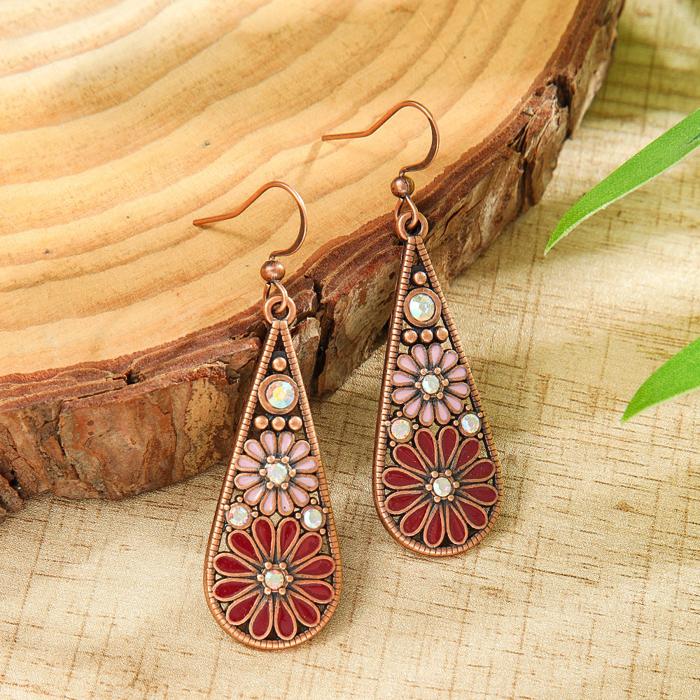Metal Earrings Water-drop-shaped With Small Daisies Oil-drip Style