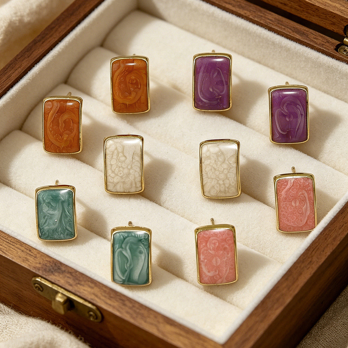 Vintage Square Twisted Alloy Stud Earrings Color Block Enamel Fashion Women Ear Ornaments