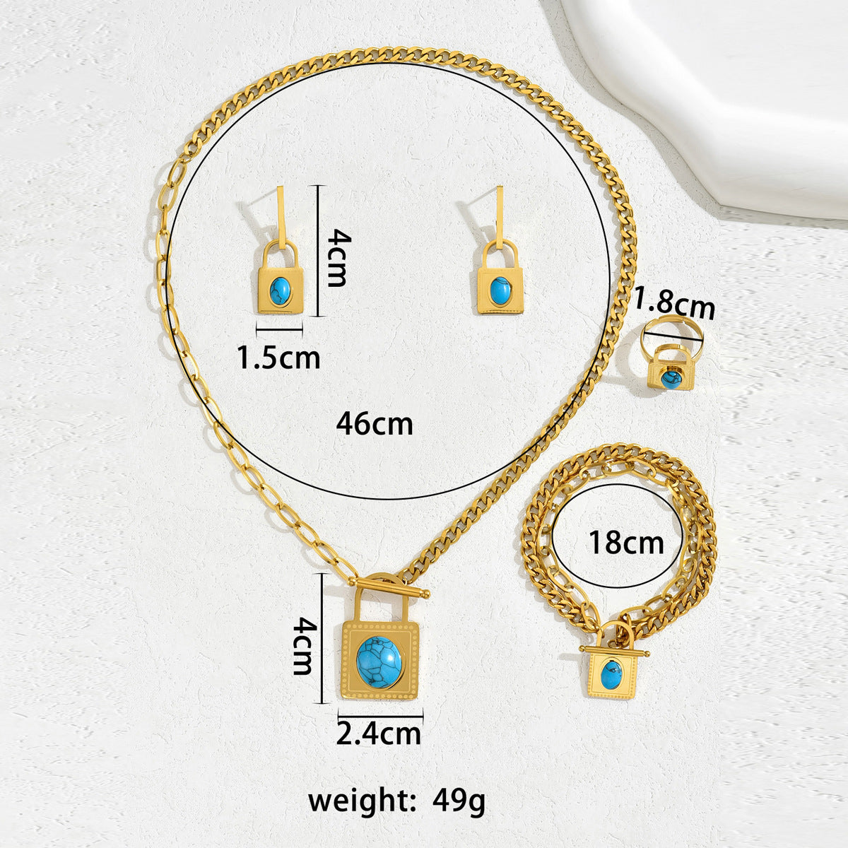 Simple Hip-hop Women's Bracelet Earrings Suit Distinctive Inlaid Turquoise Lock Niche Design Long Necklace