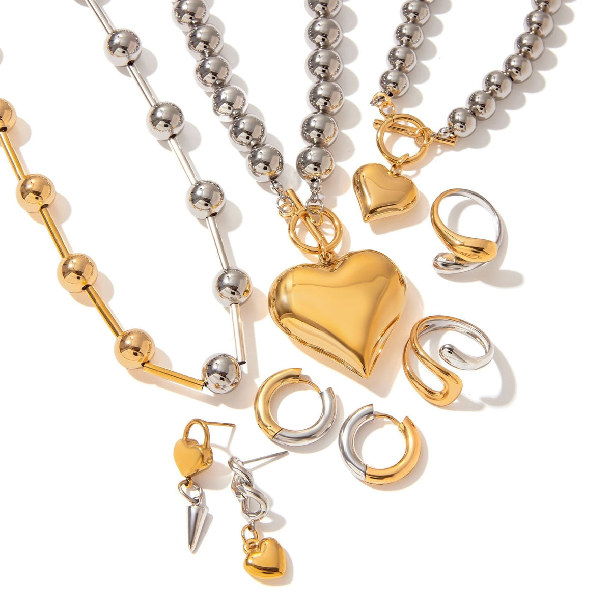 18K gold heart shape with gold and silver color matching design trendy personality necklace bracelet ring earrings set