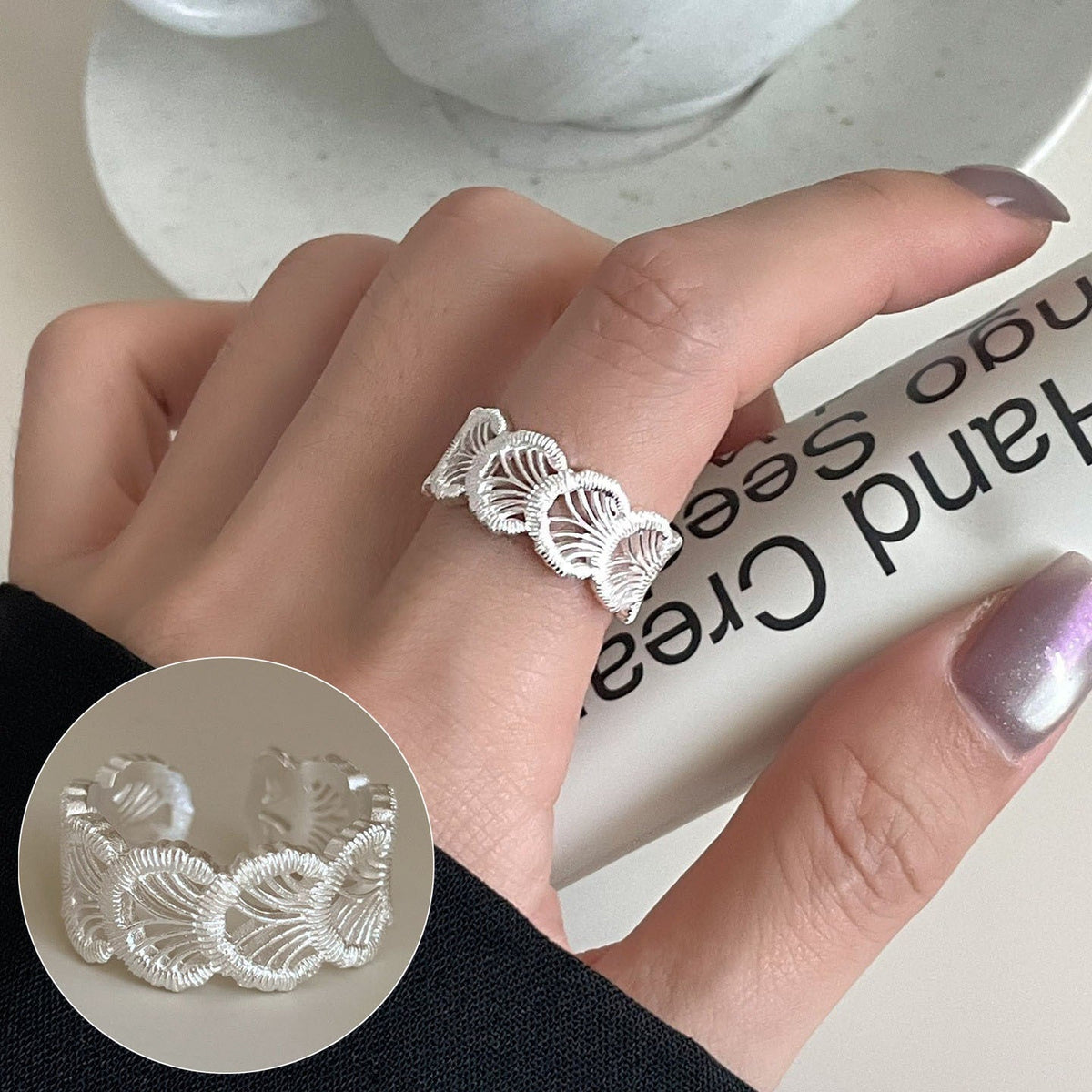 High Sense Star Open Ring For Women, INS Niche Brushed Texture Luxury Adjustable Index Finger Statement Ring