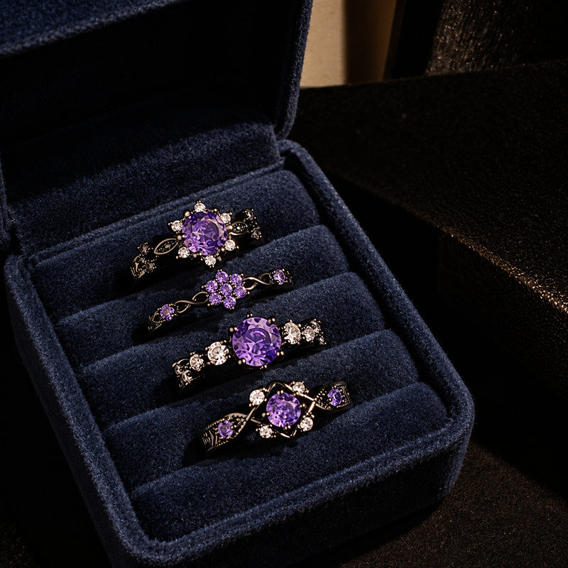 Wholesale Black Gun Tone Purple Cubic Zirconia Open Ring For Women, Niche High-End Retro Gothic Dark Style Finger Jewelry